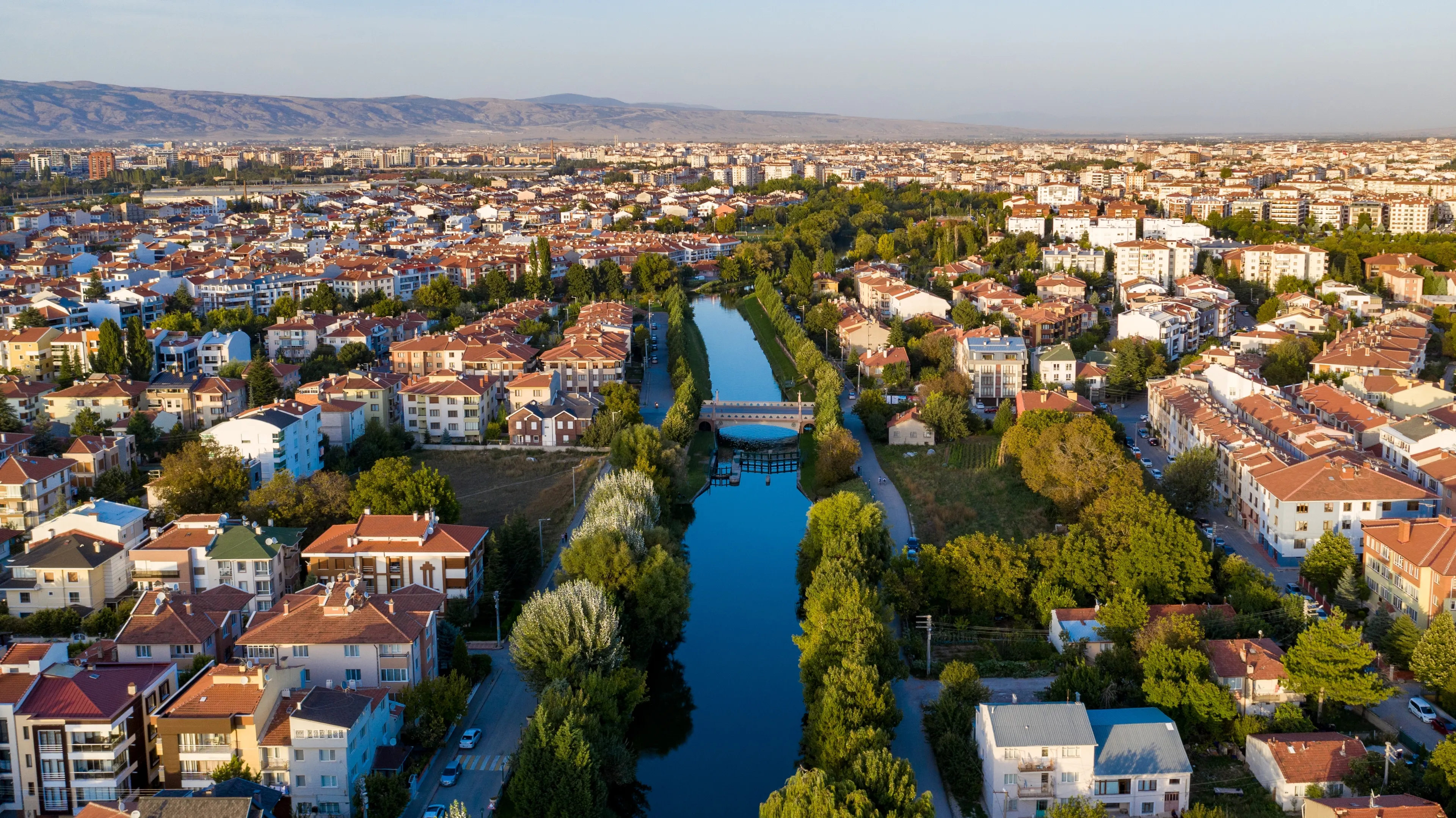 Aerial view of Eskişehir,TURKEY.River and streets in Eskişehir.Aerial photo.
