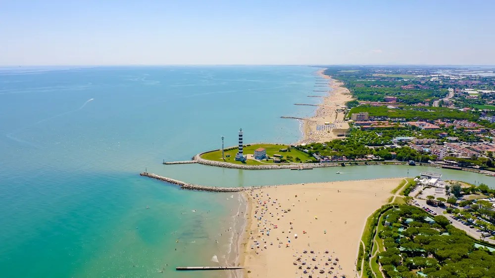 Italy, Jesolo. Light House Faro di Piave Vecchia. Lido di Jesolo, is the beach area of the city of Jesolo in the province of Venice, Aerial View 