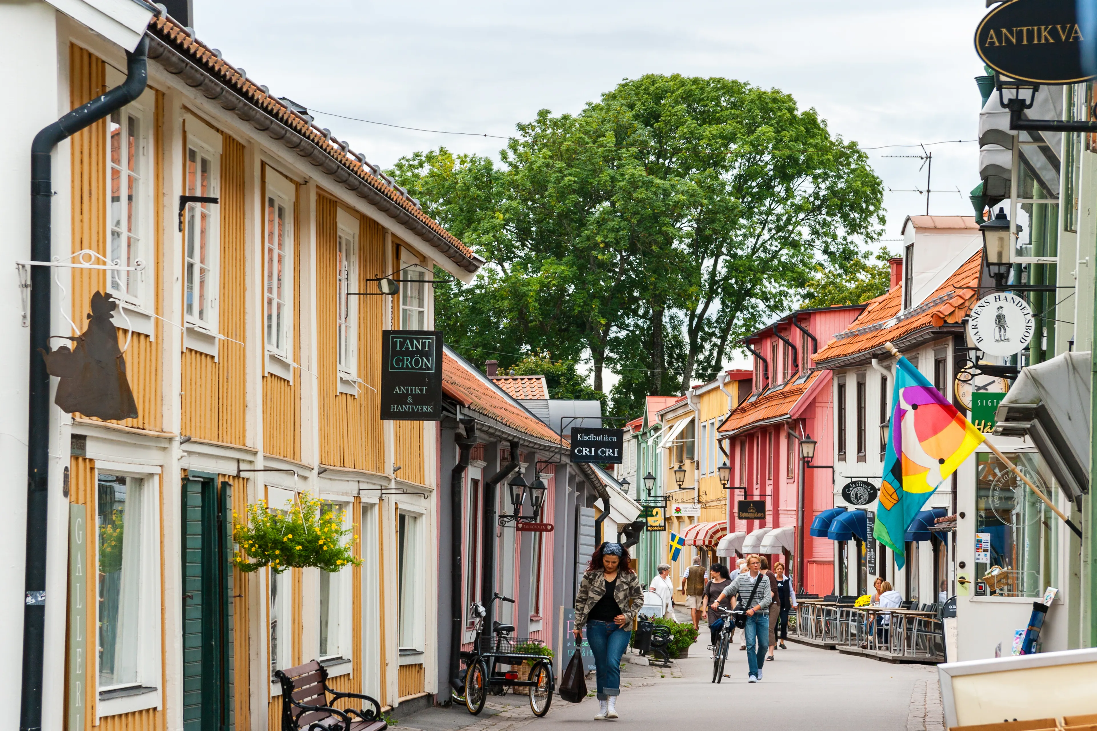 SIGTUNA, SWEDEN - AUGUST 26, 2008: Traditional wooden houses on Stora Gatan street in heart of old town