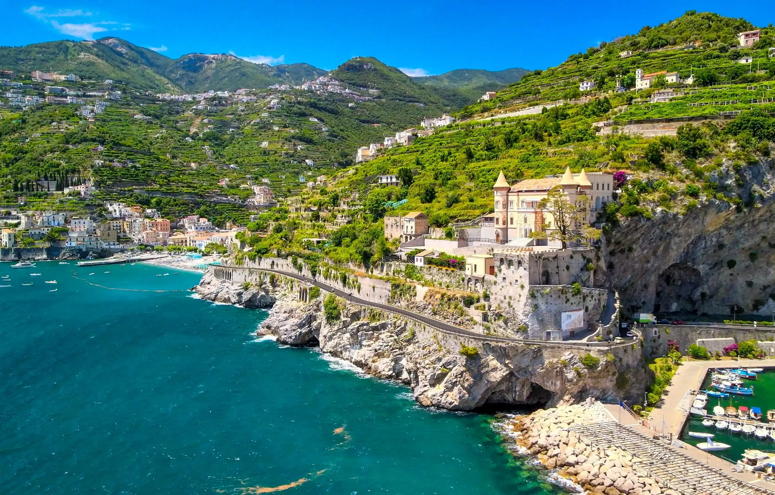 Amazing aerial view of Maiori and Minori along Amalfi Coast in summer season, Italy. Drone viewpoint. Amazing aerial view of Maiori and Minori along Amalfi Coast in summer season, Italy. Drone viewpoint.