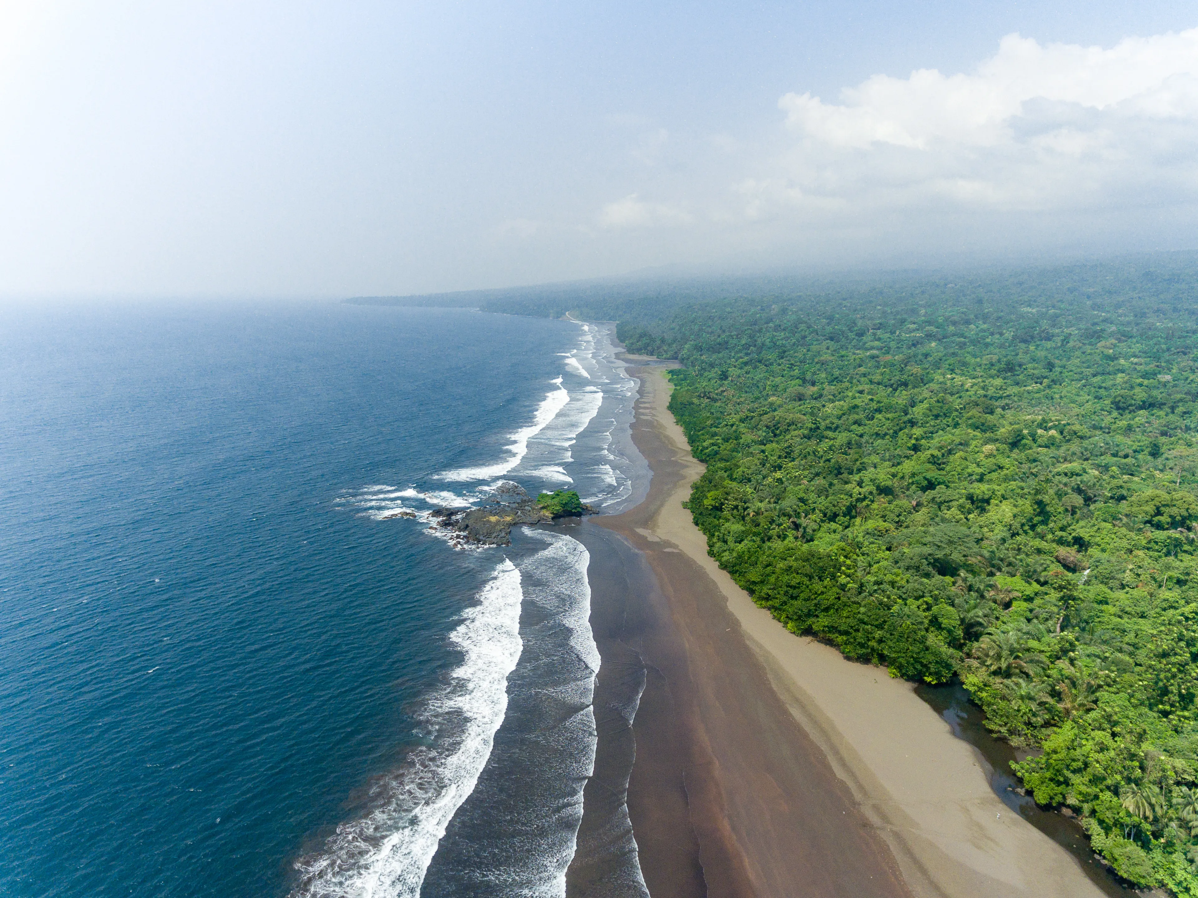 Aerial View of the ocean and jungle in Equatorial Guinea