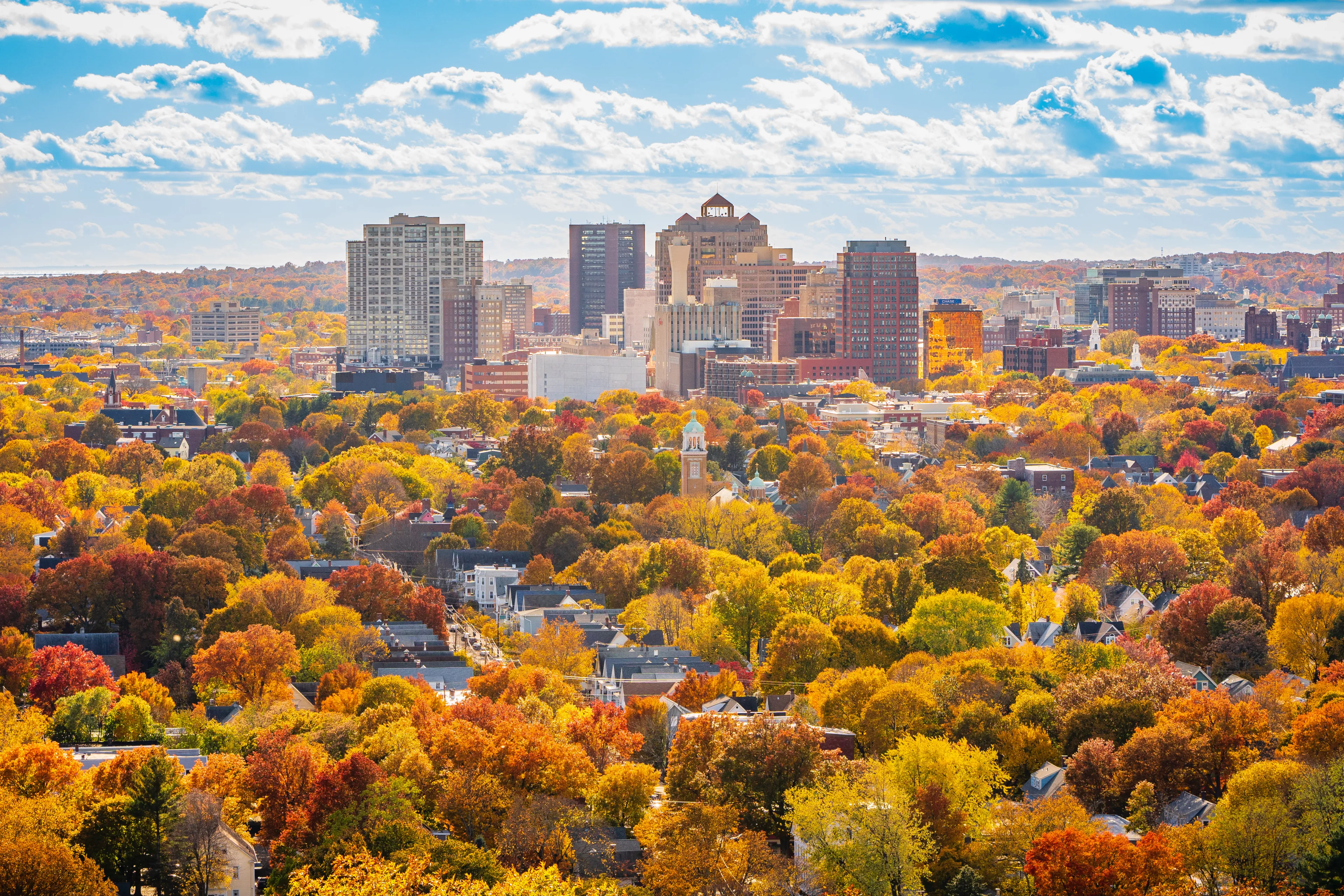 NEW HAVEN, CT, USA - NOVEMBER 3, 2018: Beautiful fall views of New Haven and Yale University from the summit of East Rock Park on November 3, 2018.