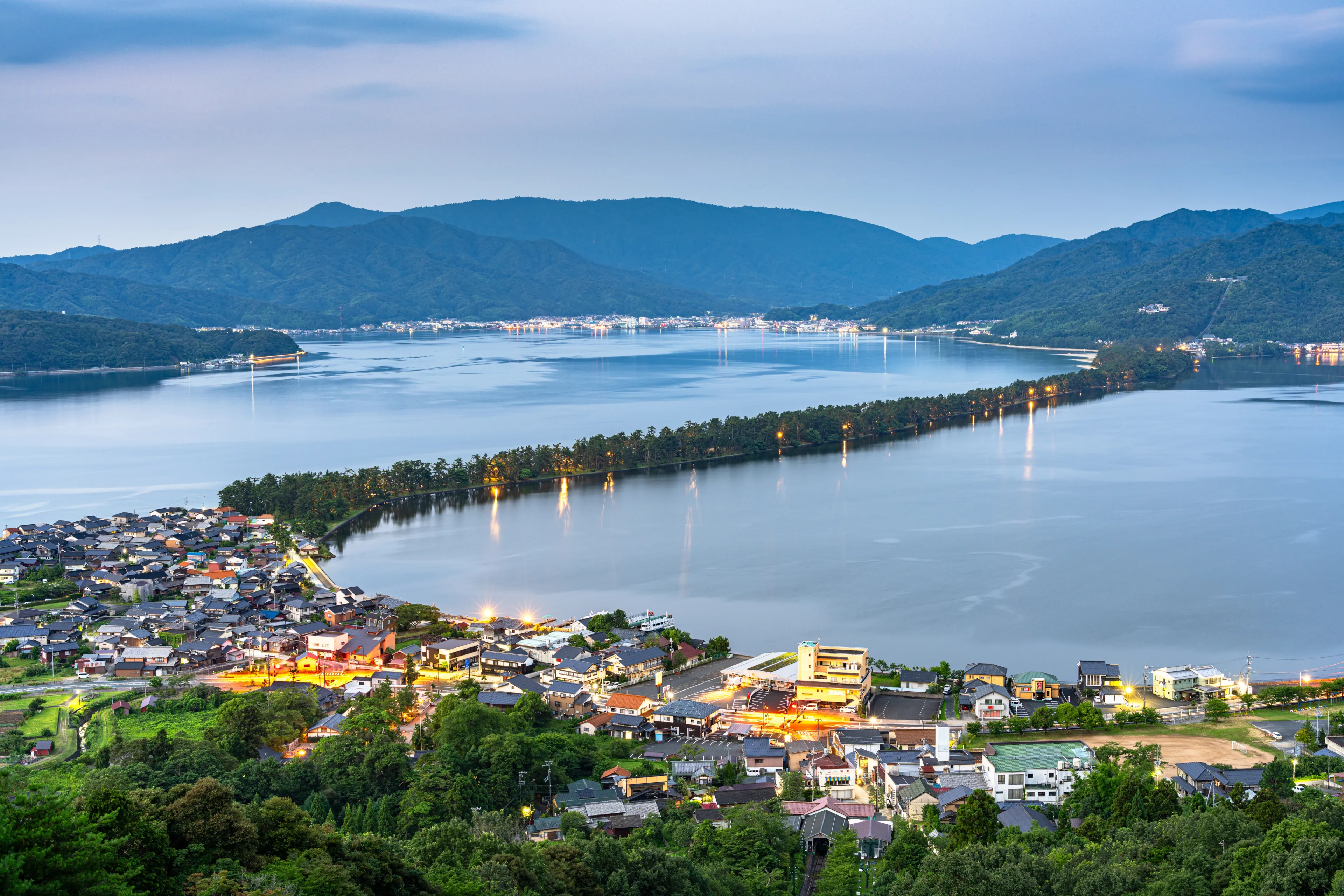 Amanohashidate, Kyoto, Japan overlooking the sandbar at blue hour.