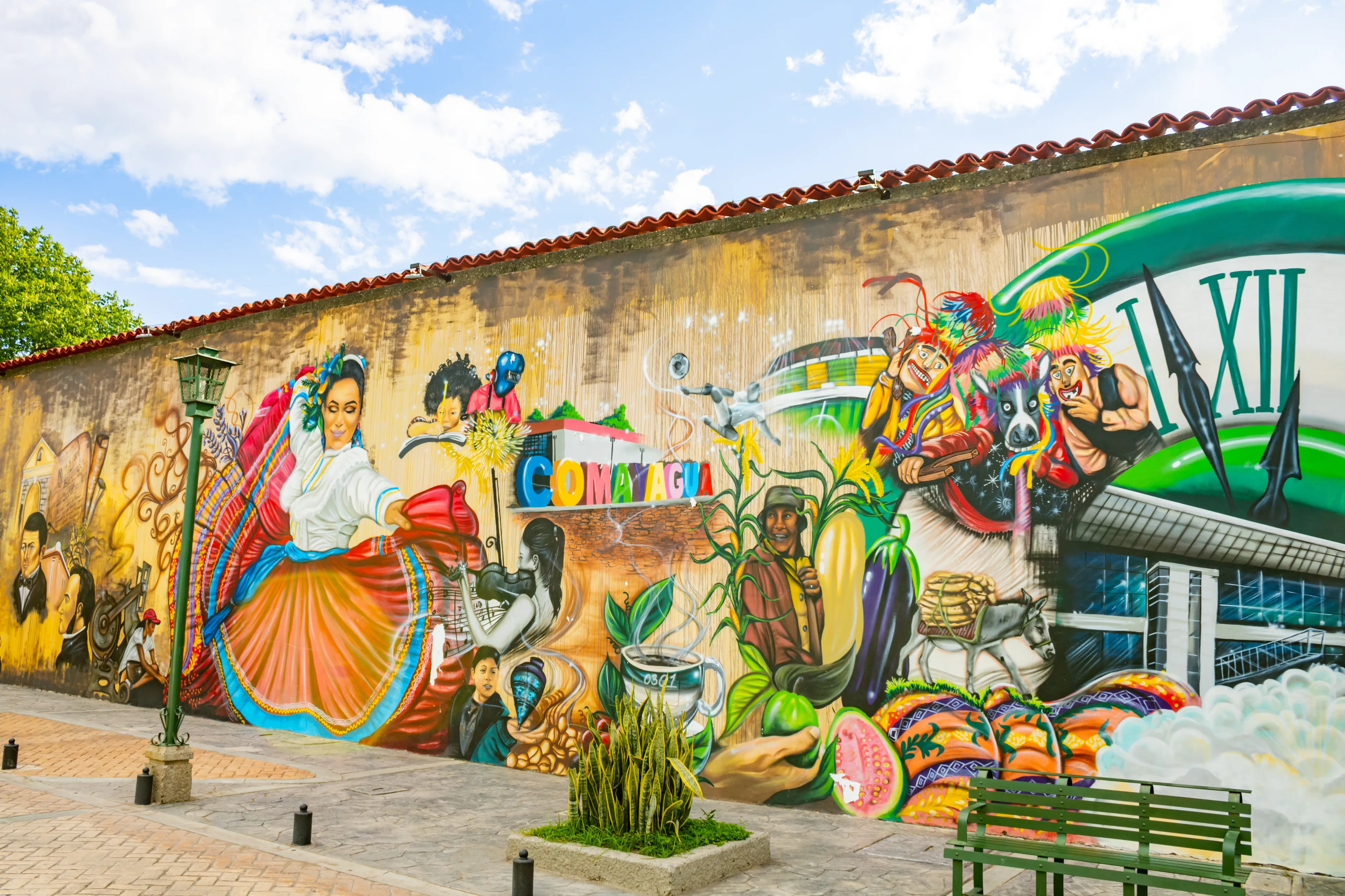 Comayagua, Honduras - August 7th, 2023: Comayagua is a beautiful city near Palmerola Airport, on streets, the murals reflect the different historical stages of Comayagua till the present. 