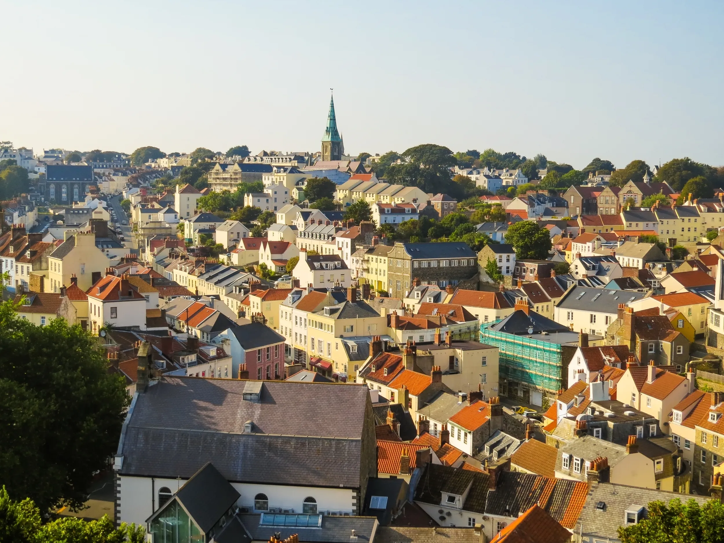 Aerial view of the Saint Peter Port at sunset, Bailiwick of Guernsey, Channel Islands