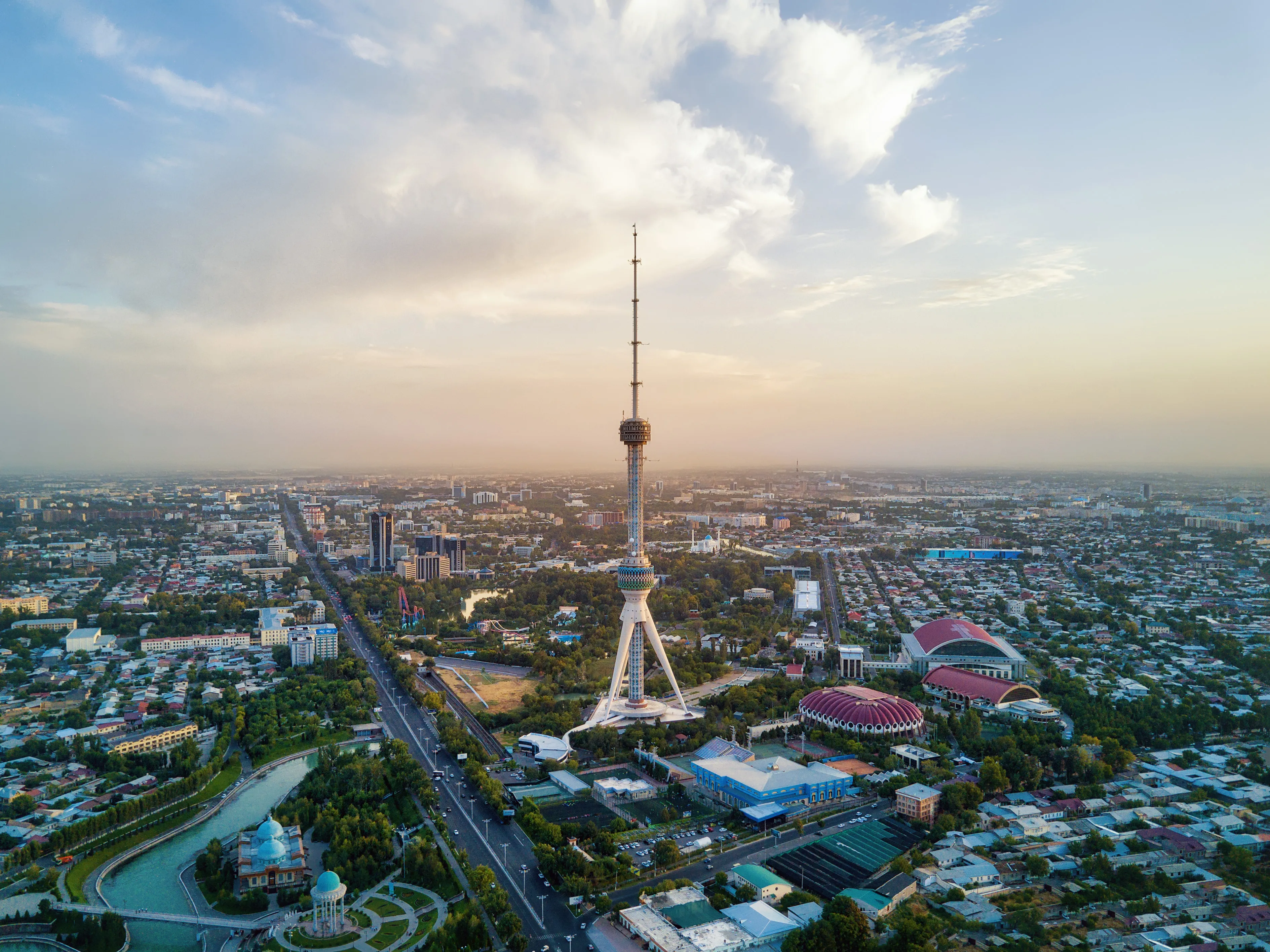 Tashkent TV Tower Aerial Shot During Sunset in Uzbekistan taken in 2018