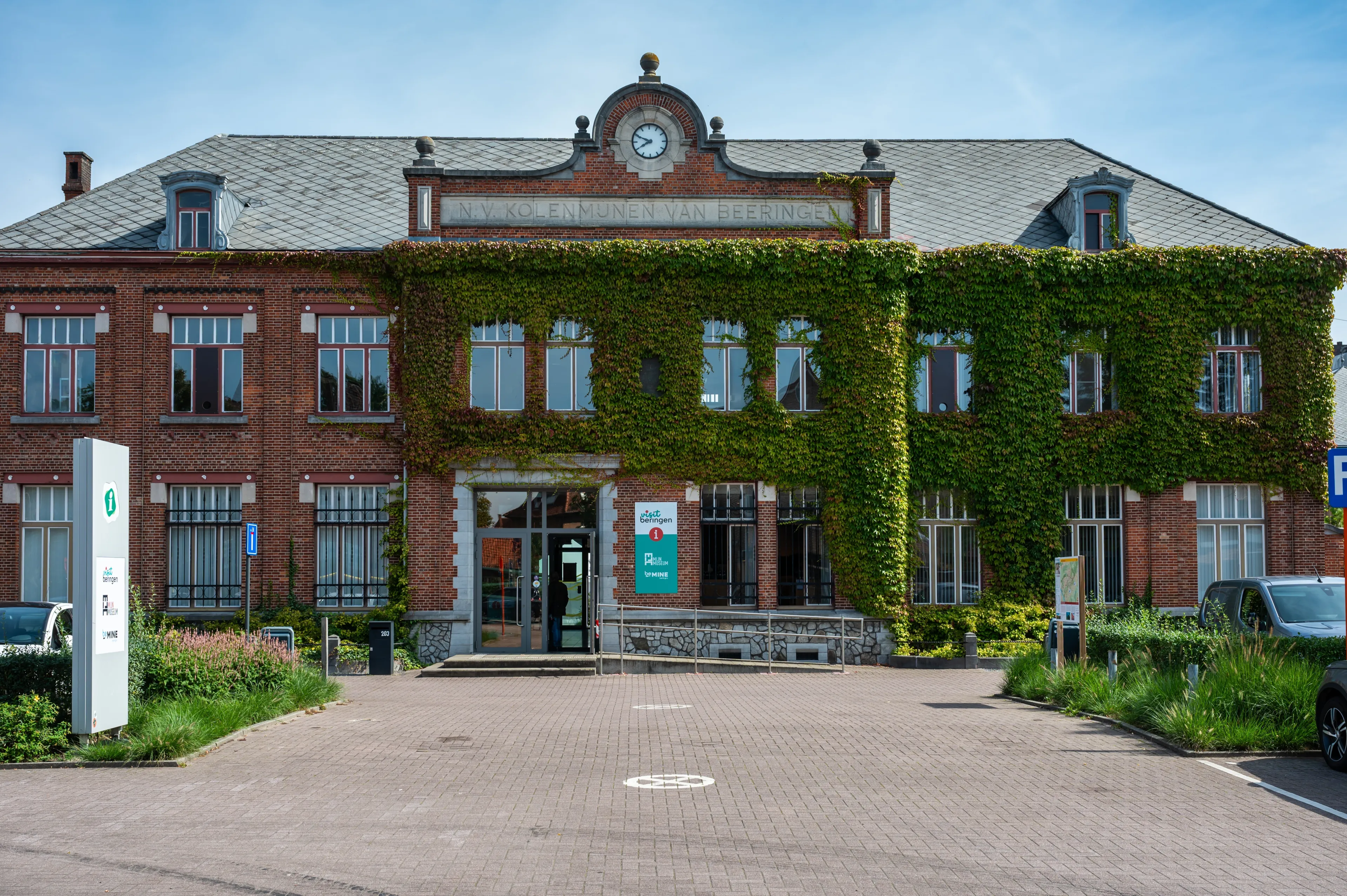 Beringen, Limburg, Belgium, September 6, 2023 - Brick stone construction of the ancient coal factory Be-Mine