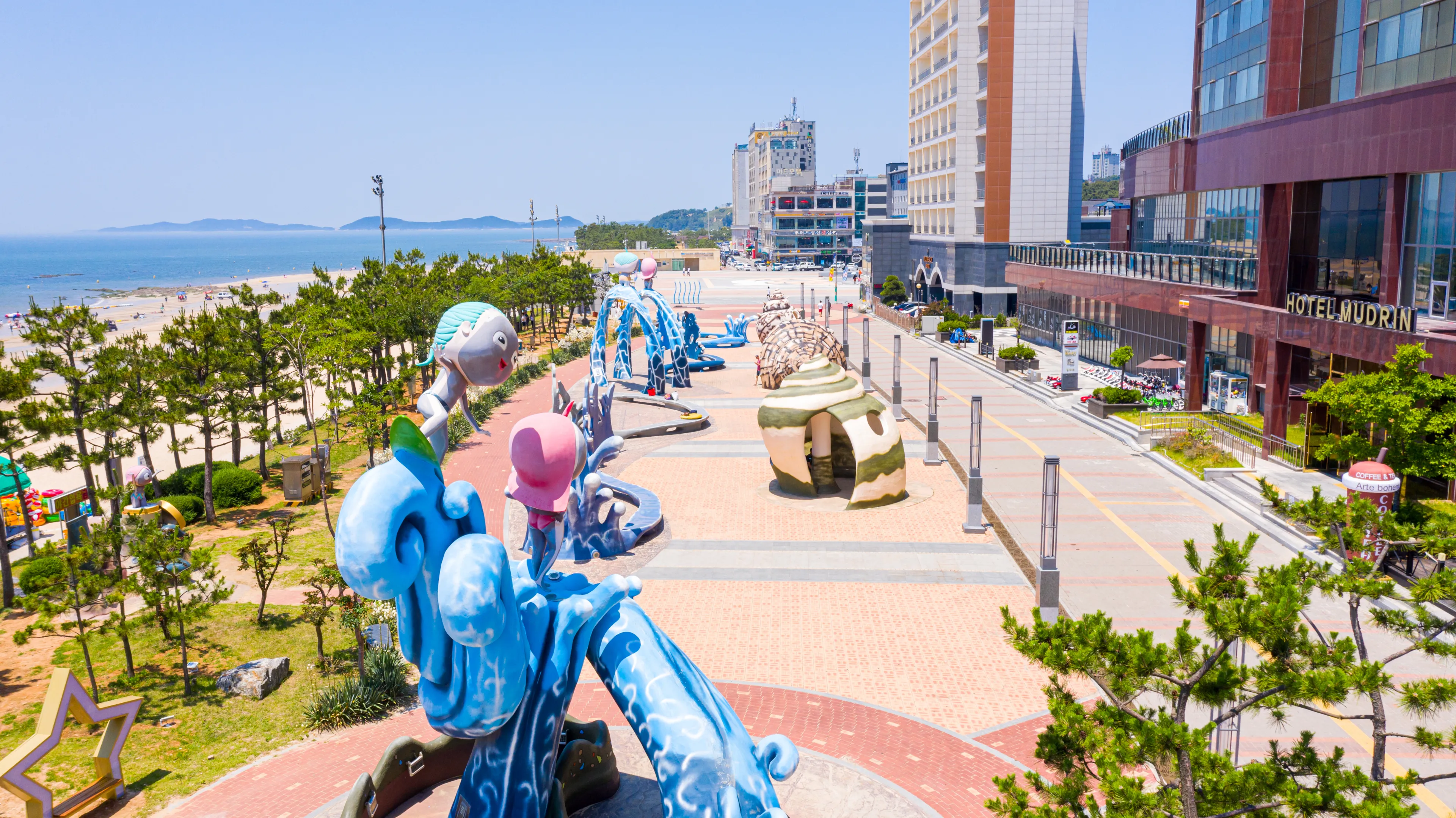 Aerial photos from drone at Boryeong city  Daecheon beach, South Korea on 6 July 2019.There are tourists around the world coming here.