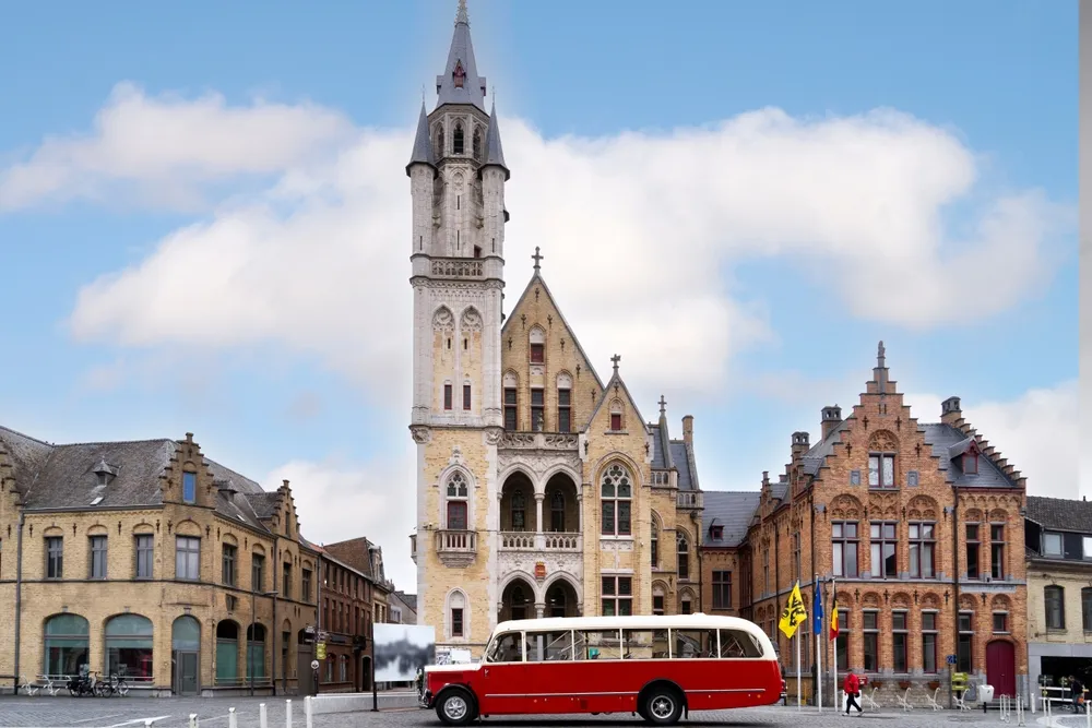 Poperinge is a Belgian city in the province of West Flanders. View of the market square and the local church.