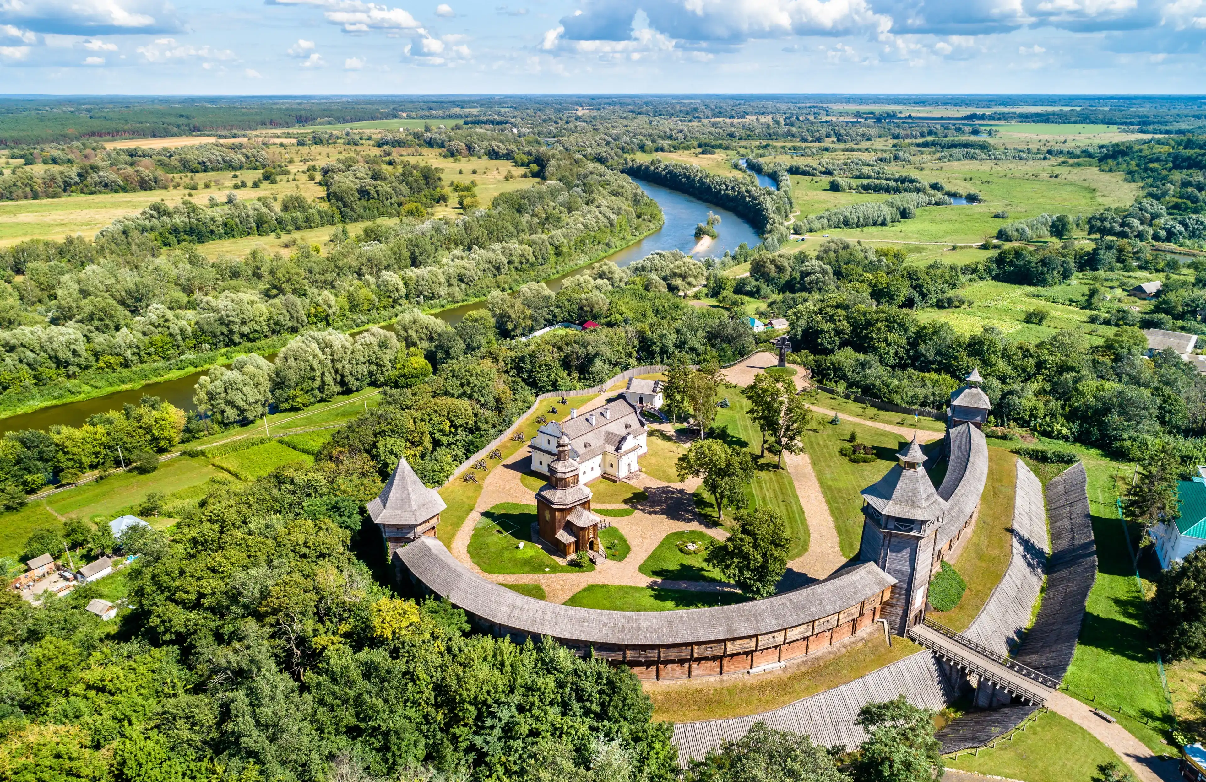 Aerial view of Baturyn Fortress with the Seym River in Chernihiv Oblast of Ukraine Aerial view of Baturyn Fortress with the Seym River in Chernihiv Oblast of Ukraine