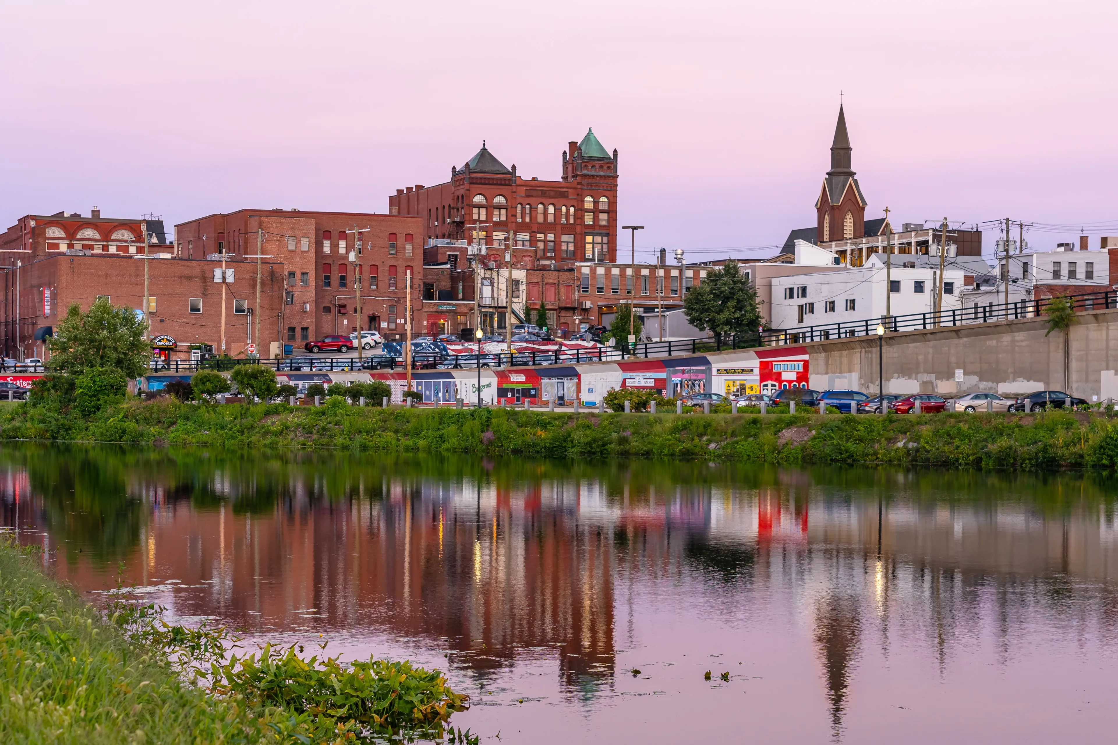 09-11-2021. Nashua, New Hampshire, USA. Panorama of Historic Nashua from the Nashua Riverfront