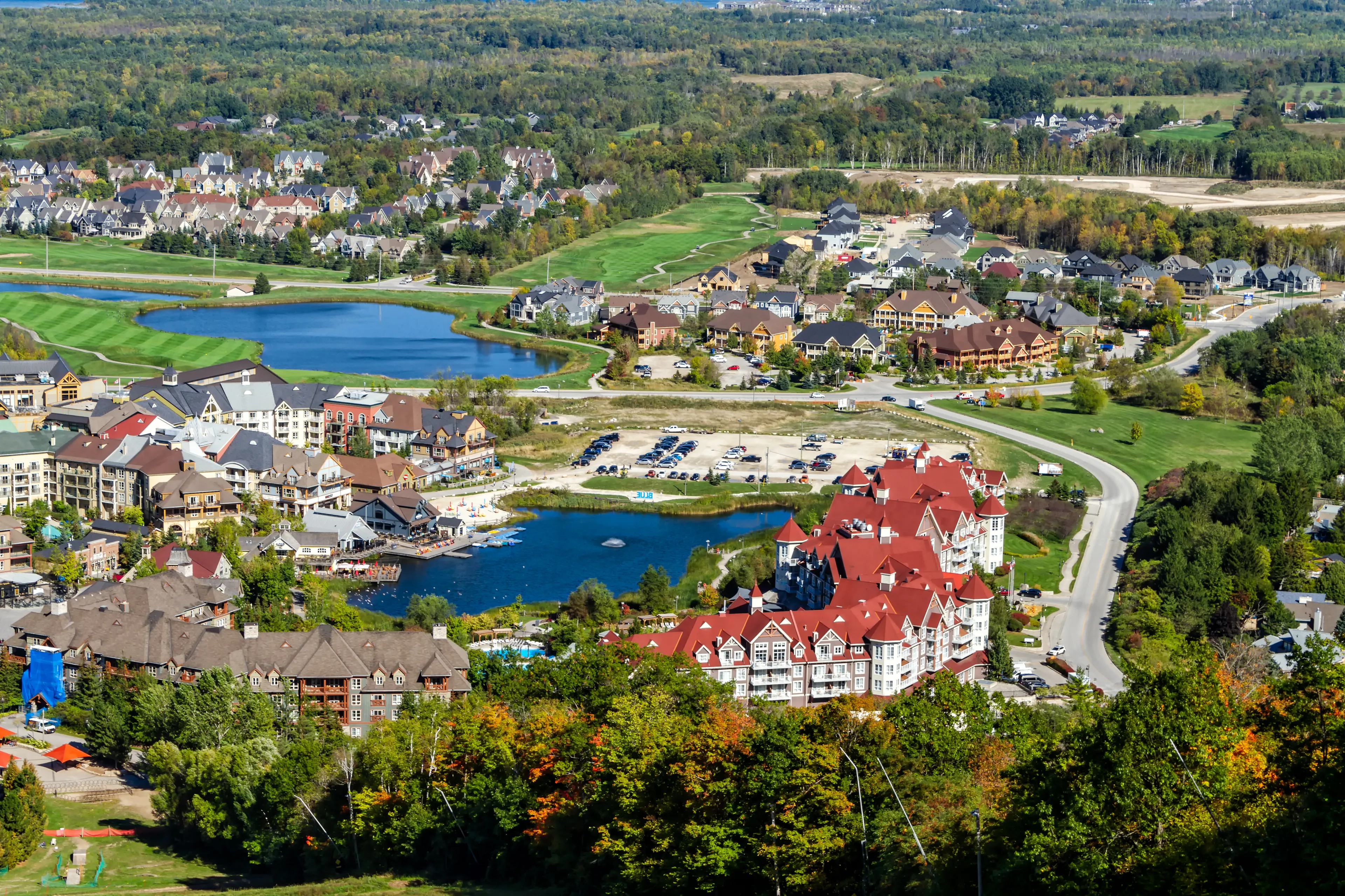 Aereal view of Blue Mountain resort and village during the autumn in Collingwood, Ontario