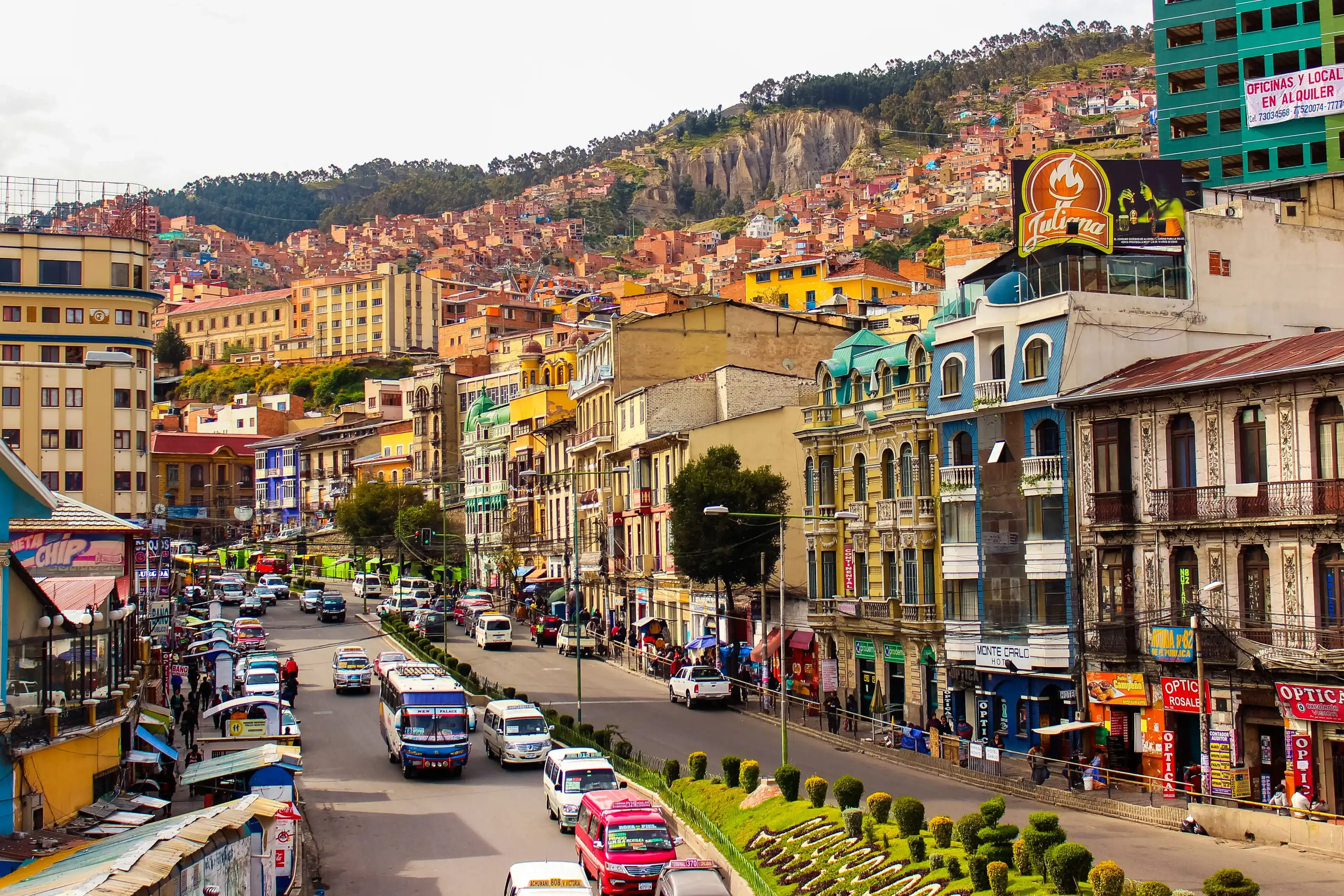 La Paz, La Paz Department, Bolivia. April 6, 2018: busy avenue in La Paz city La Paz, La Paz Department, Bolivia. April 6, 2018: busy avenue in La Paz city