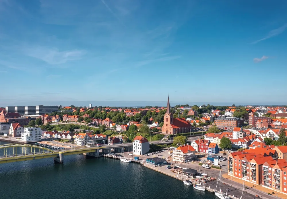 Cityscape of Sonderborg (Sønderborg, Denmark) on sunny summer day. Panoramic aerial view on the city center and castle