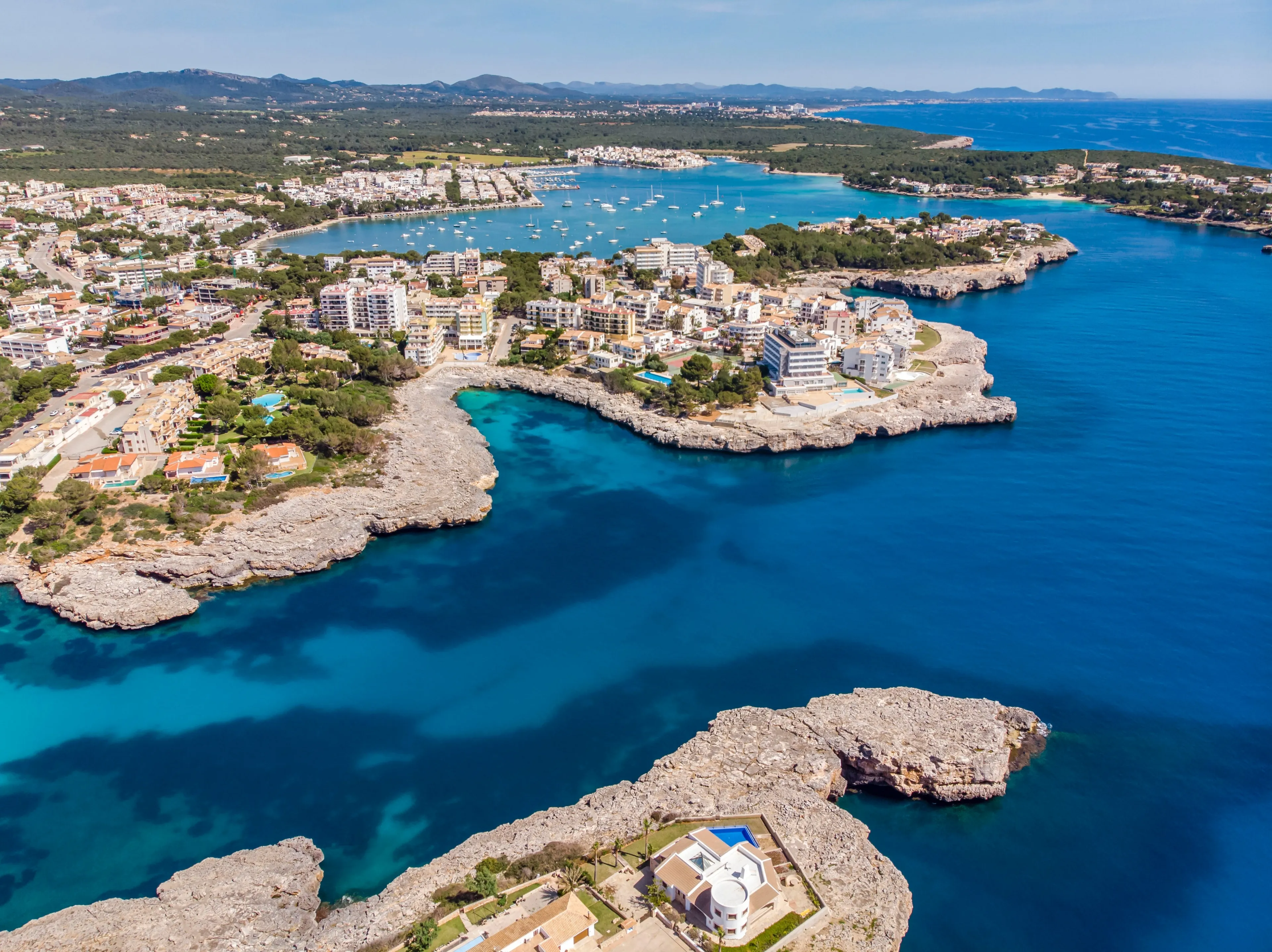 Porto Colom aerial view, Felanitx, Mallorca, Balearic Islands, Spain