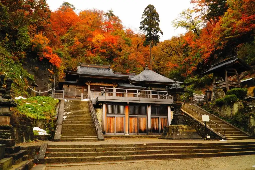 Japan, Yamagata Prefecture, Yamadera Risshakuji temple with autumn leaves Japan, Yamagata Prefecture, Yamadera Risshakuji temple with autumn leaves