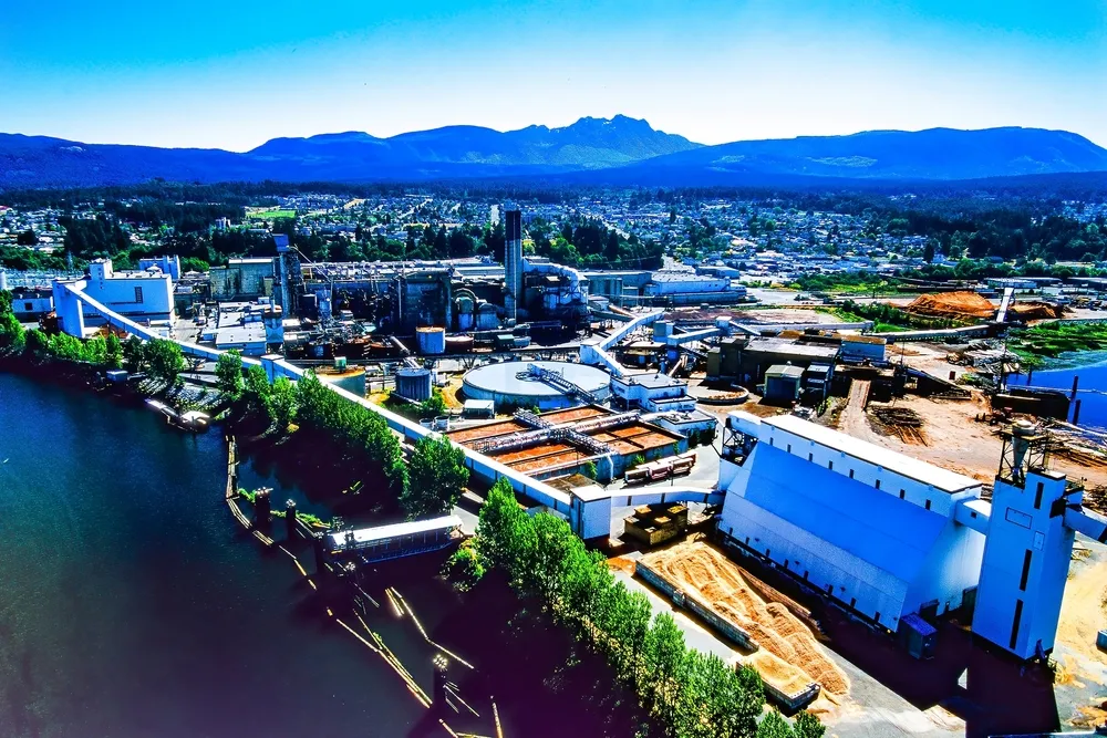 erial image of a pulp and paper mill in Port Alberni, Vancouver Island, BC, Canada