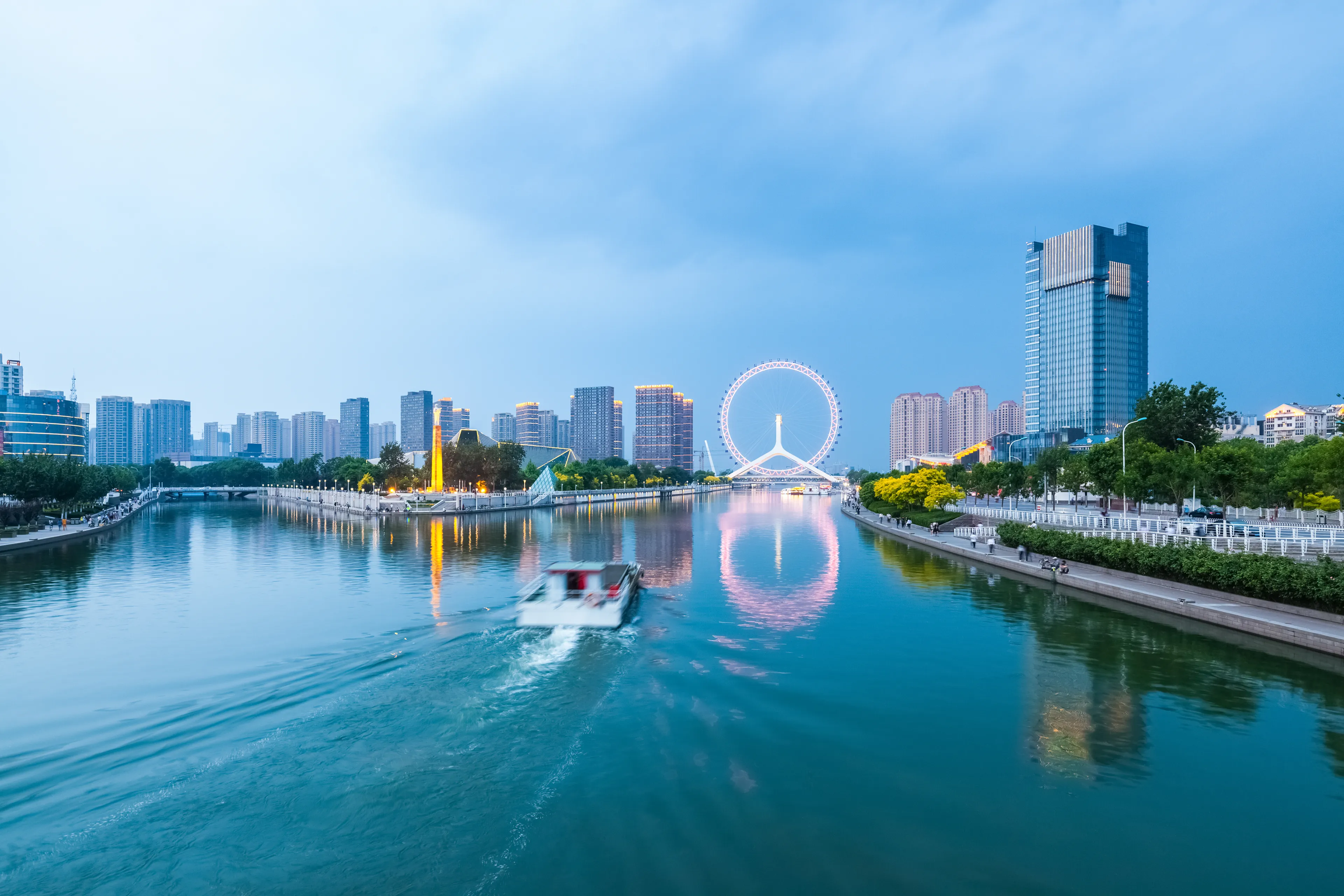 beautiful tianjin scenery of haihe river in cloudy at dusk ,China