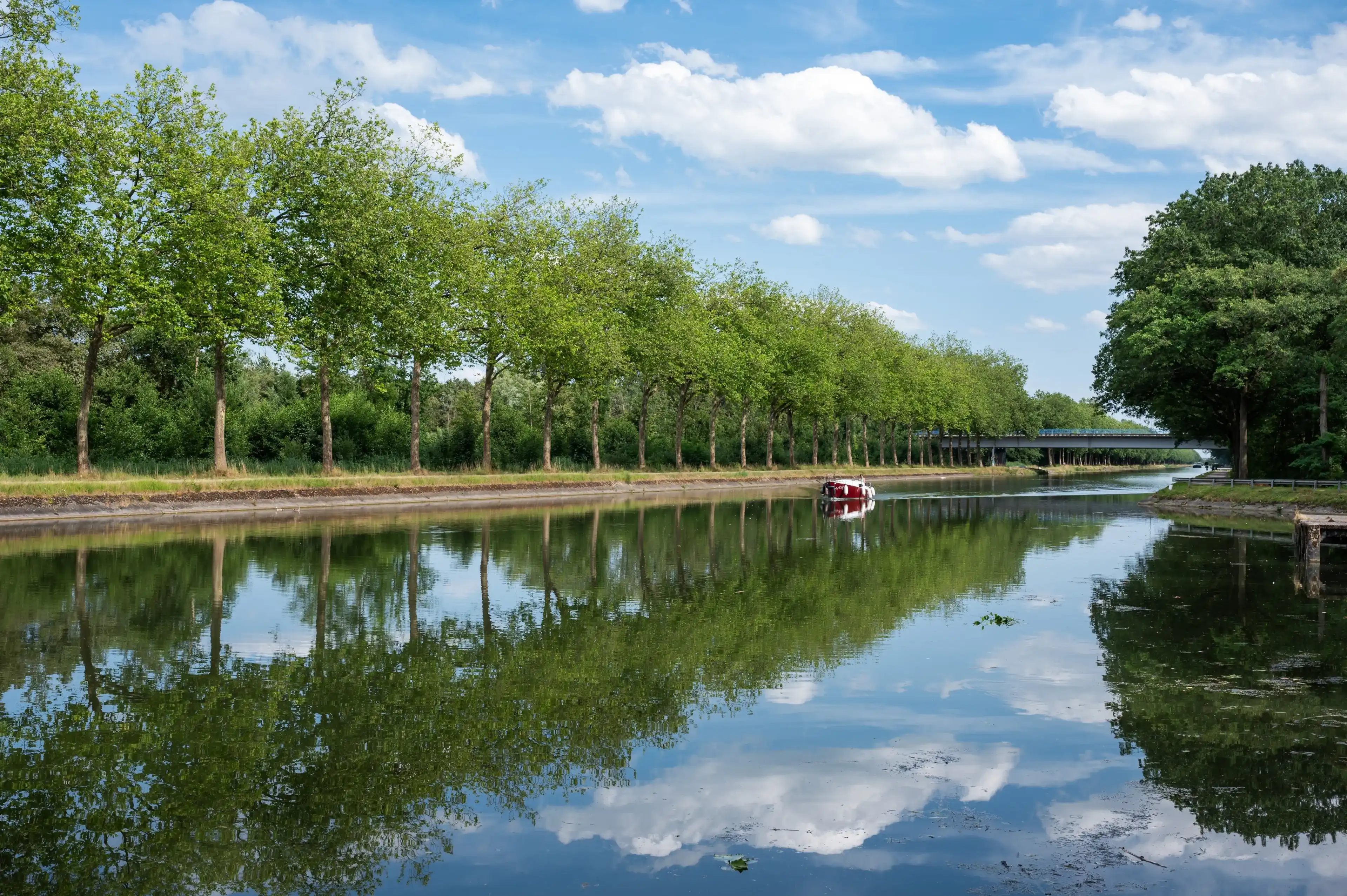 Bocholt, Limburg, Belgium, July 14, 2023 - Trees reflecting in the Bocholt Herentals canal with a pleasure boat Bocholt, Limburg, Belgium, July 14, 2023 - Trees reflecting in the Bocholt Herentals canal with a pleasure boat