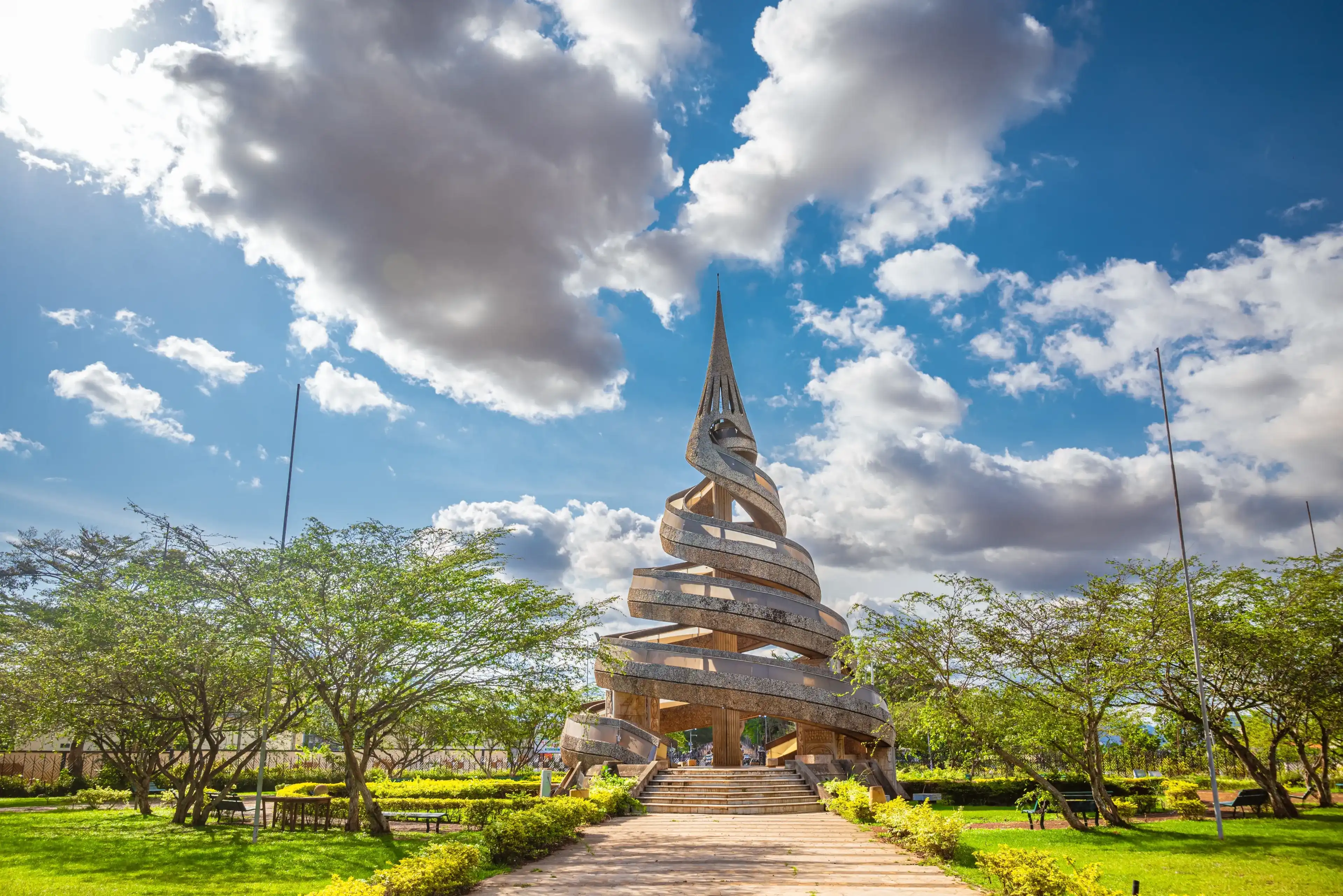 Yaoundé, Centre, Cameroon - March 24th 2023: Beatifull view on the monument of the reunification of Cameroon on a sunny day, in the very heart of Yaoundé - Cameroon. Yaoundé, Centre, Cameroon - March 24th 2023: Beatifull view on the monument of the reunification of Cameroon on a sunny day, in the very heart of Yaoundé - Cameroon.