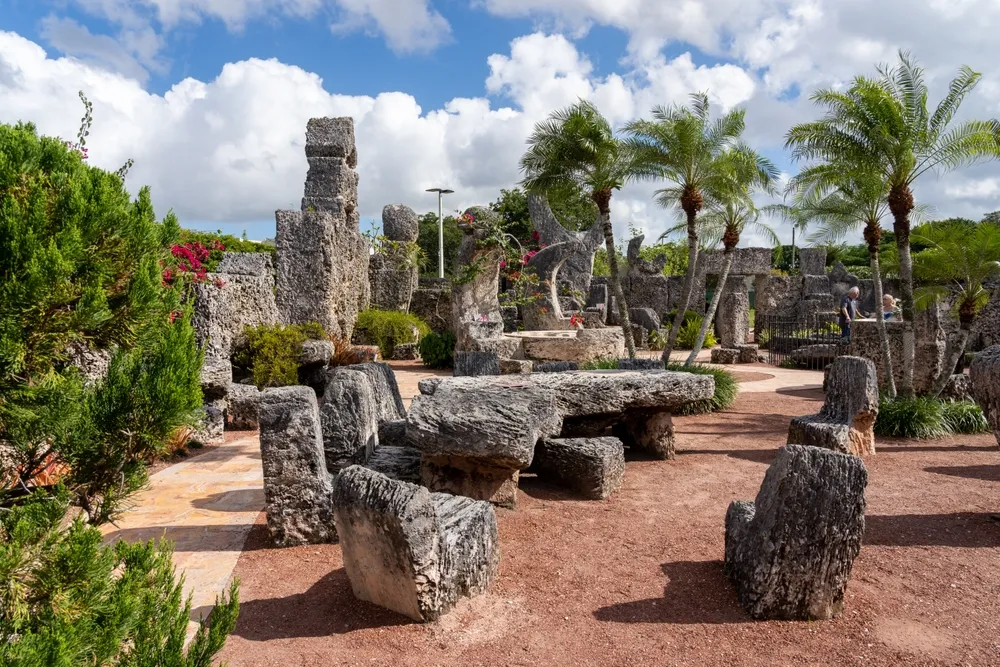 Homestead, FL, USA - January 1, 2022: Coral Castle Museum is shown in Homestead near Miami, FL, USA, an oolite limestone structure created by the Latvian-American eccentric Edward Leedskalnin.