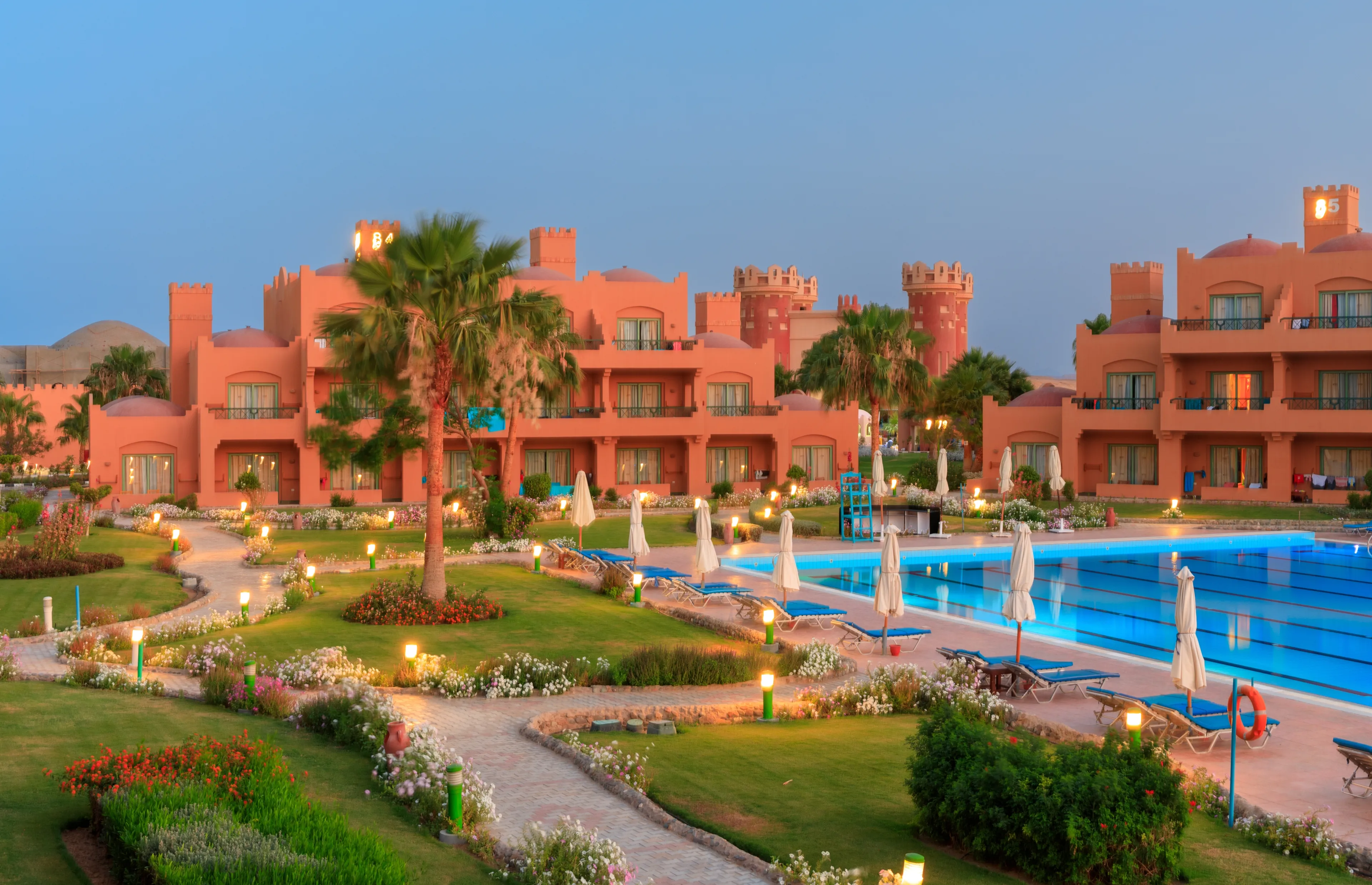 Marsa Alam, Egypt - May 11, 2023: Beautiful gardens of the Akassia Swiss Resort by the Red Sea in Marsa Alam, Egypt.
