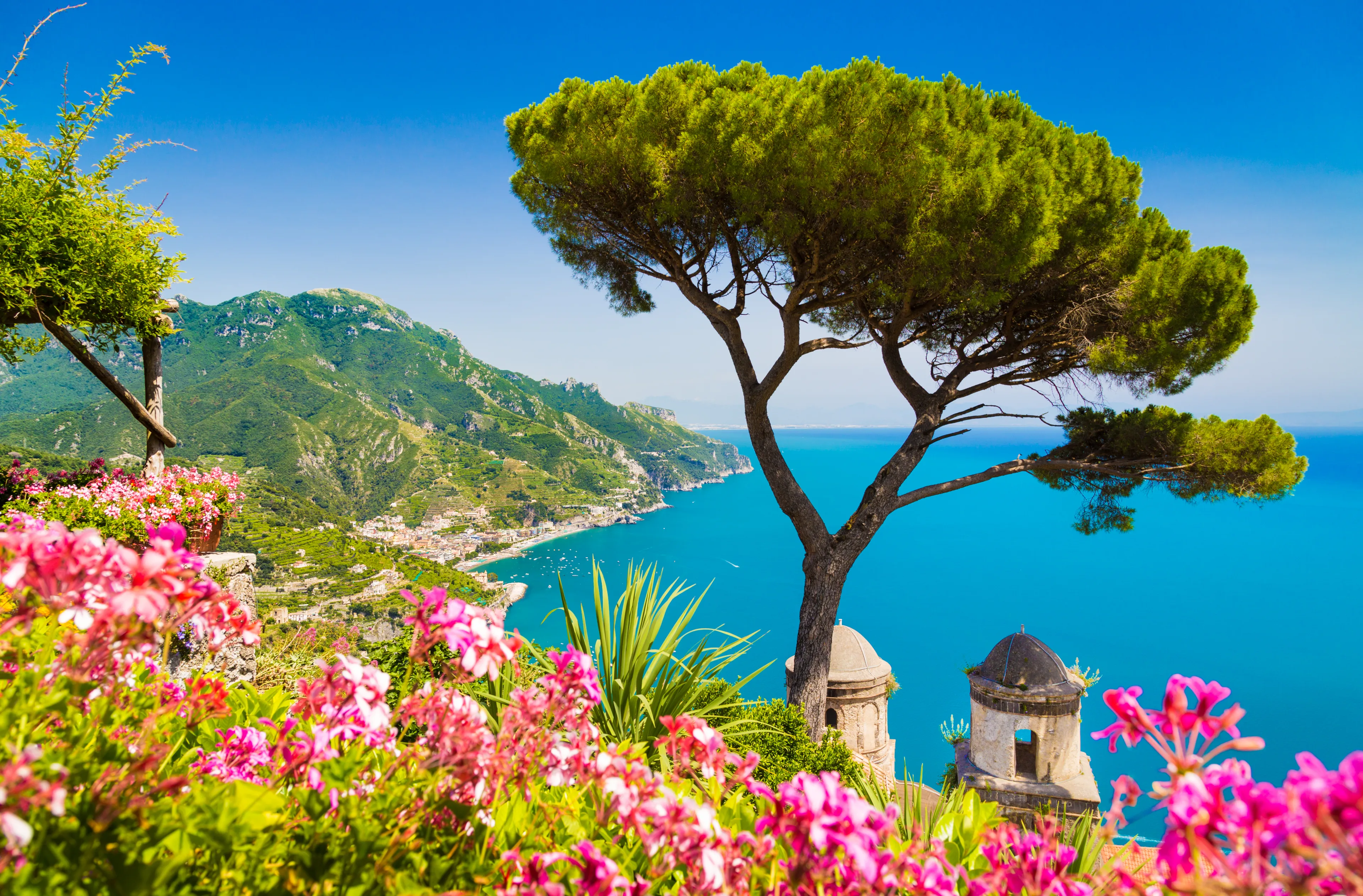 Scenic panoramic view of famous Amalfi Coast with Gulf of Salerno from Villa Rufolo gardens in Ravello, Campania, Italy