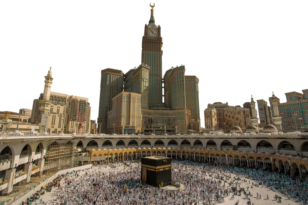 Skyline of MECCA SAUDI ARABIA,April-2018, royal clock tower in makkah,MECCA white sky background,