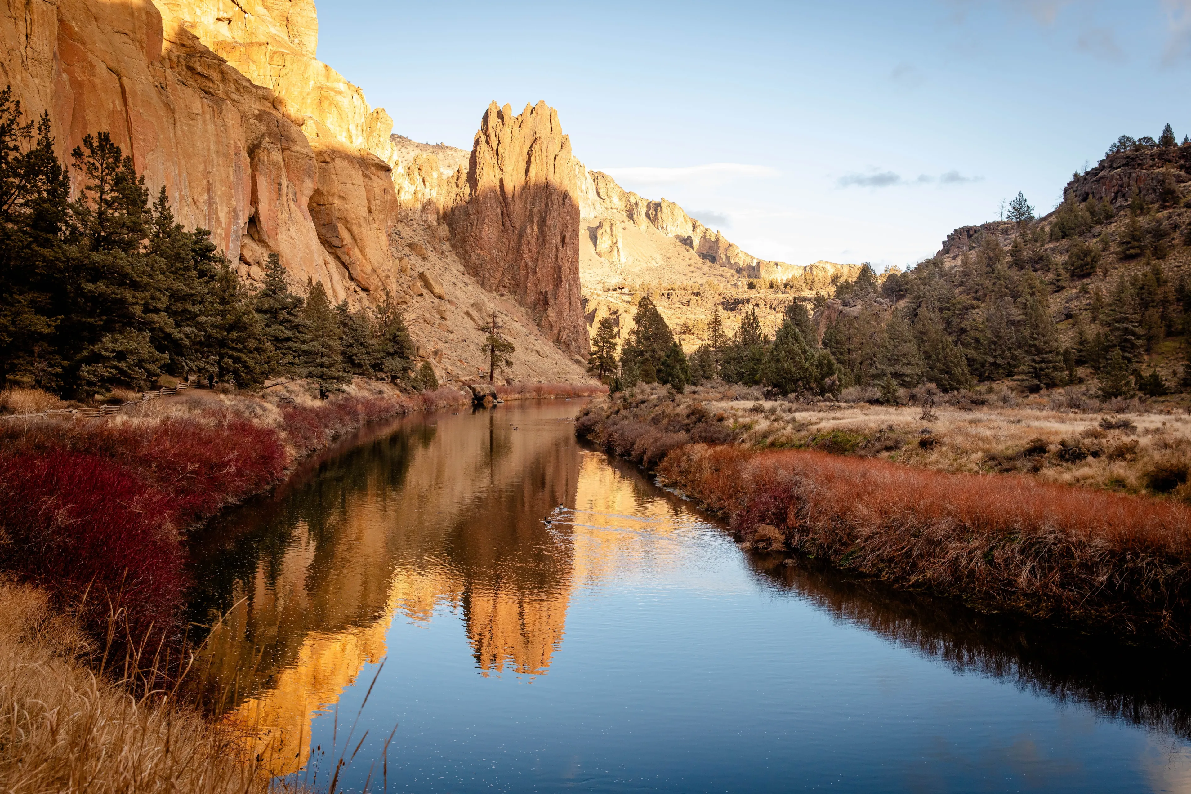 Smith Rock State Park located in central Oregon's High Desert near Redmond and Terrebonne, popular spot for rock climbing and hiking with river trail and picnic tables