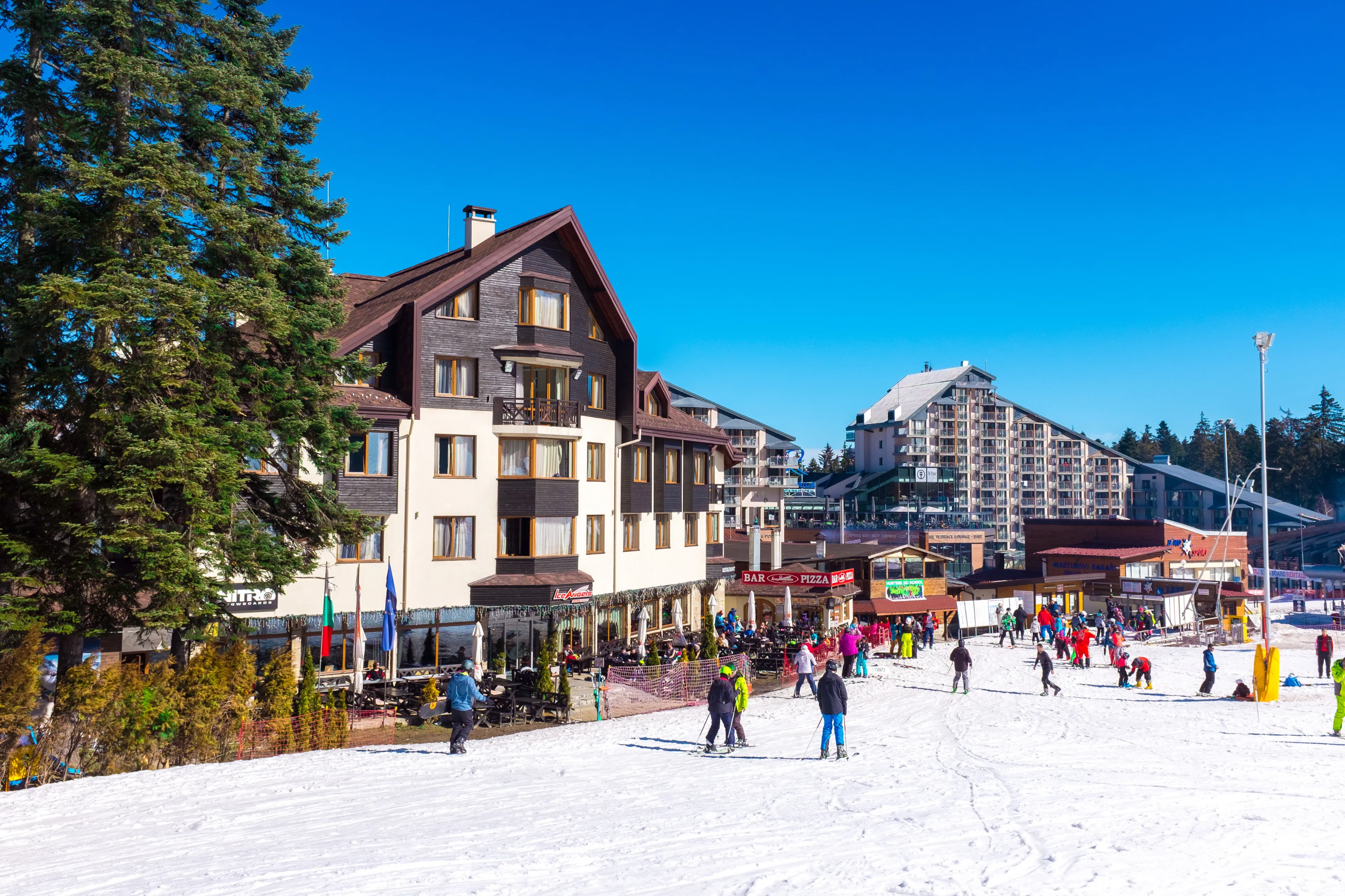 BOROVETS, BULGARIA- MARCH 09: Skiers are having a lunch break on March 09, 2018 in Borovets, Bulgaria, Borovets is a town in southwestern Bulgaria- popular ski resort.