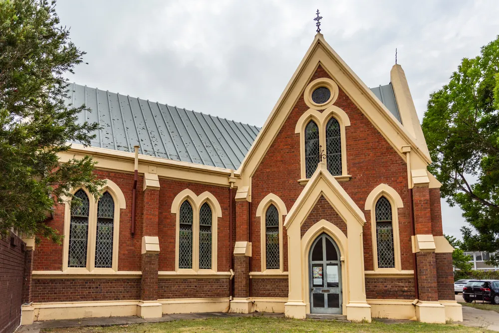 Lateral view of the former St Andrew Presbyterian Church built in 1886 in the country town of Bairnsdale, Victoria, Australia