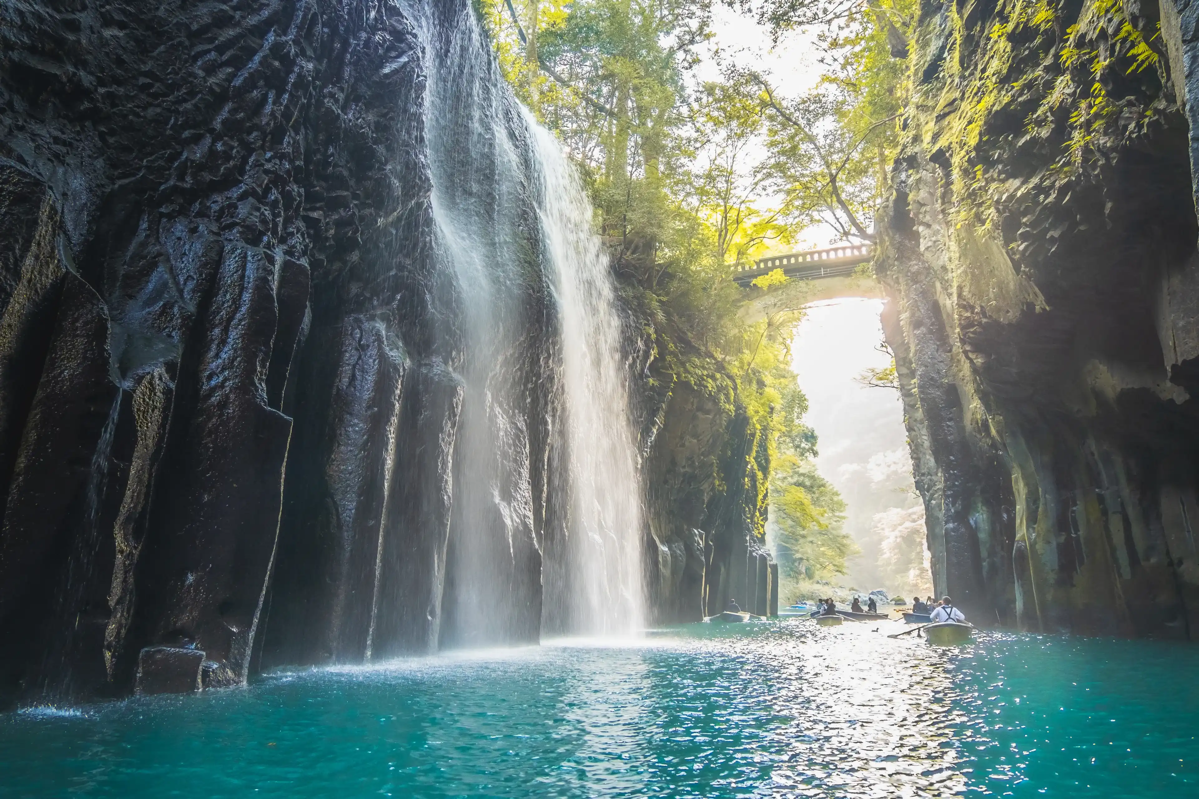 Takachiho Gorge in Takachiho,Waterfall and boat at Miyazaki, Kyushu, Japan Takachiho Gorge in Takachiho,Waterfall and boat at Miyazaki, Kyushu, Japan