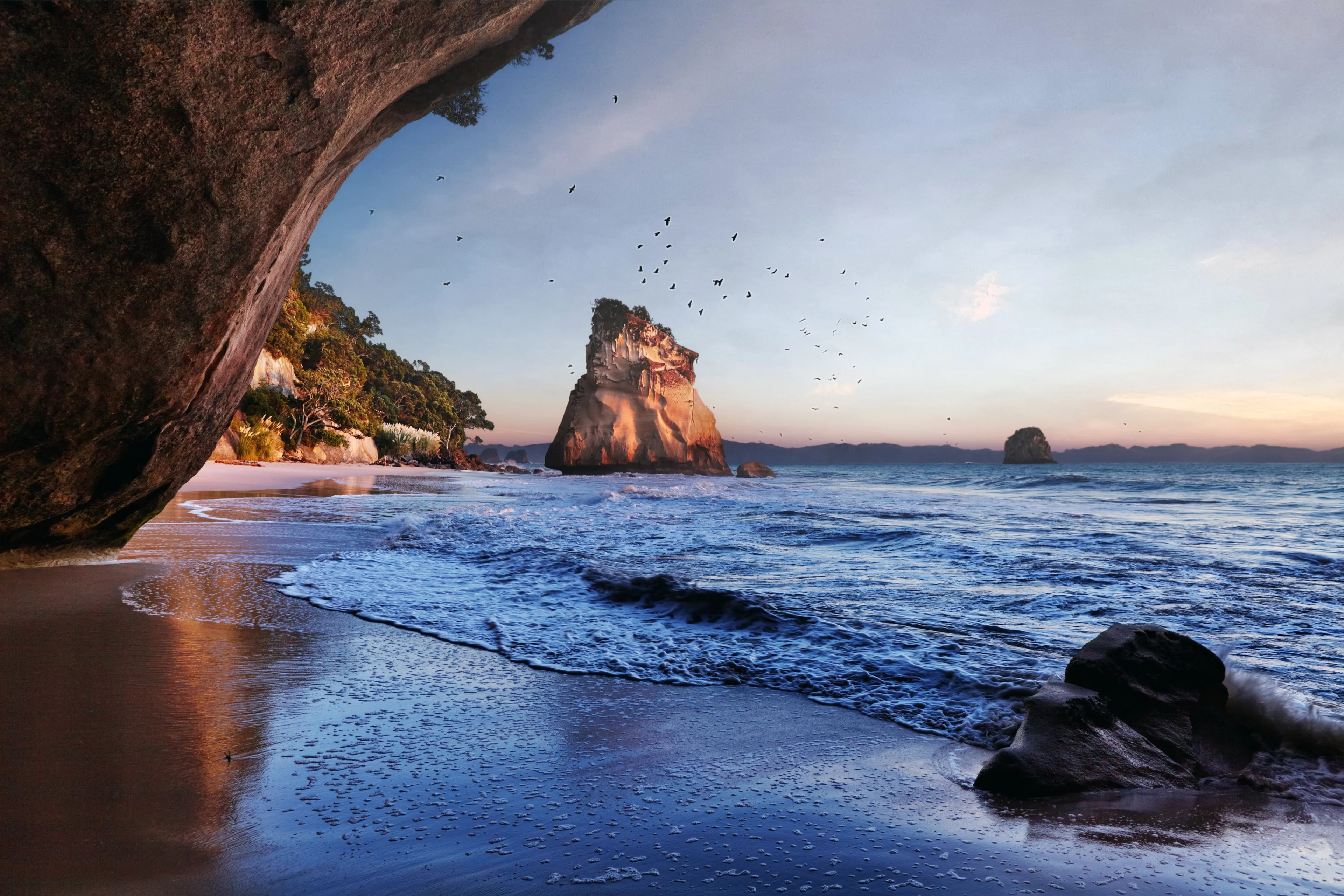 Cathedral Cove, near Whitianga on the Coromandel Peninsula, North Island, New Zealand. This is a major tourist attraction of the area and is situated in a Marine Reserve. 