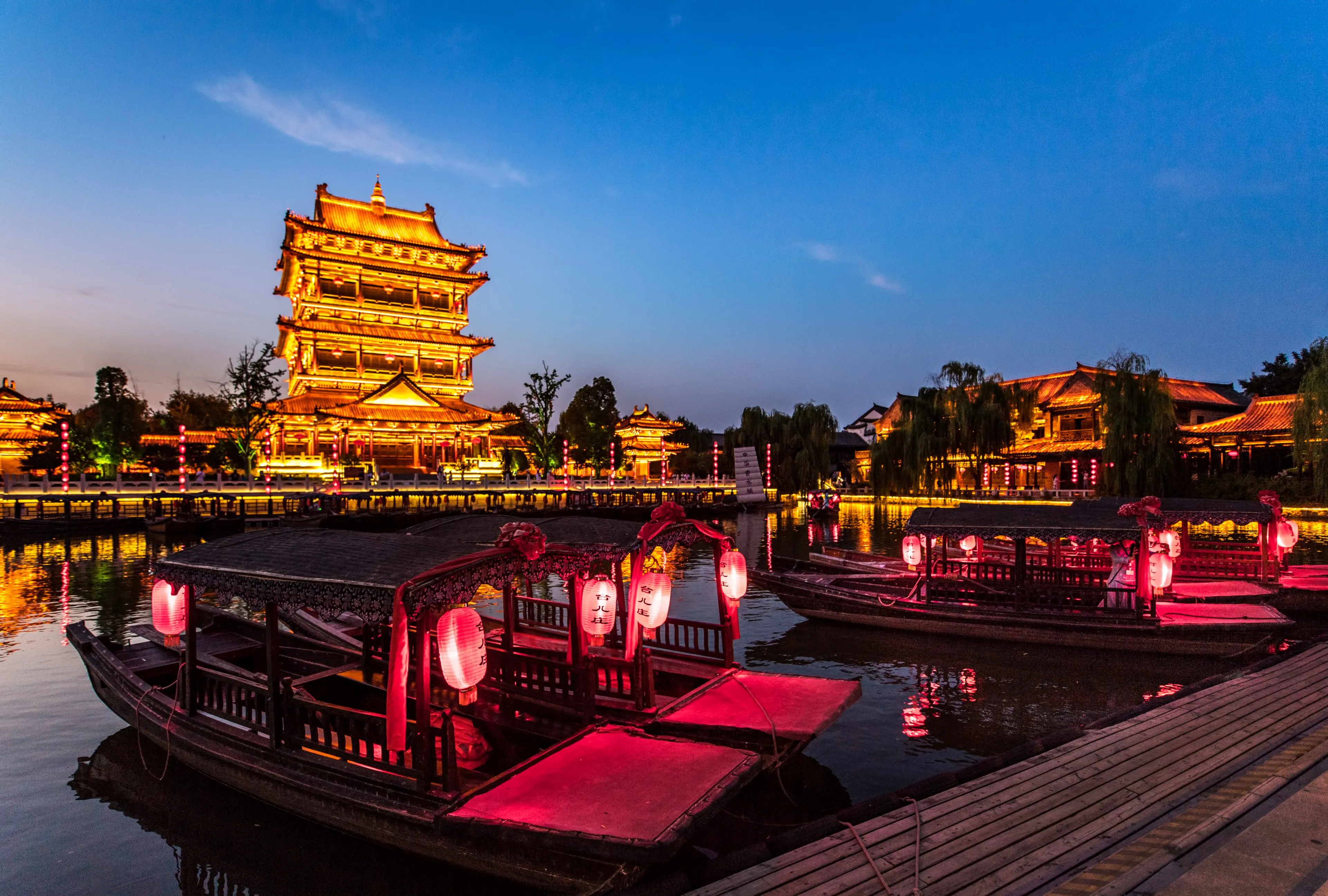 TAIERZHUANG, SHANDONG - JULY 1, 2019: Taierzhuang is located in Zaozhuang in Shandong, is the largest water town in China. Historically, it was an important hub along the Grand Canal, China.