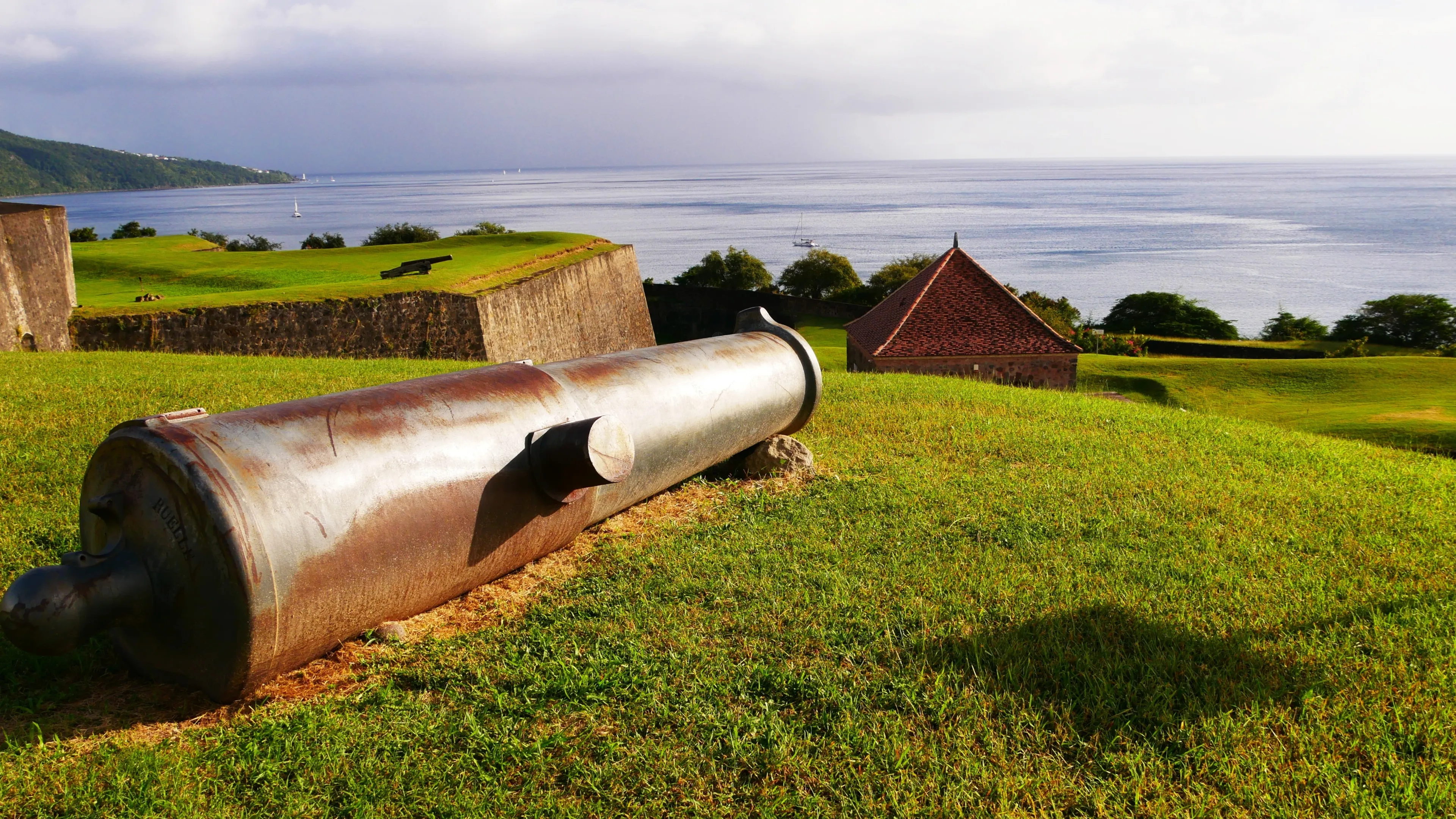 Basse-Terre, Guadeloupe, France - 02 09 2023 : Old cannon at fort Louis Delgrès, former Fort Saint Charles, in Basse-Terre in Guadeloupe in the French West Indies