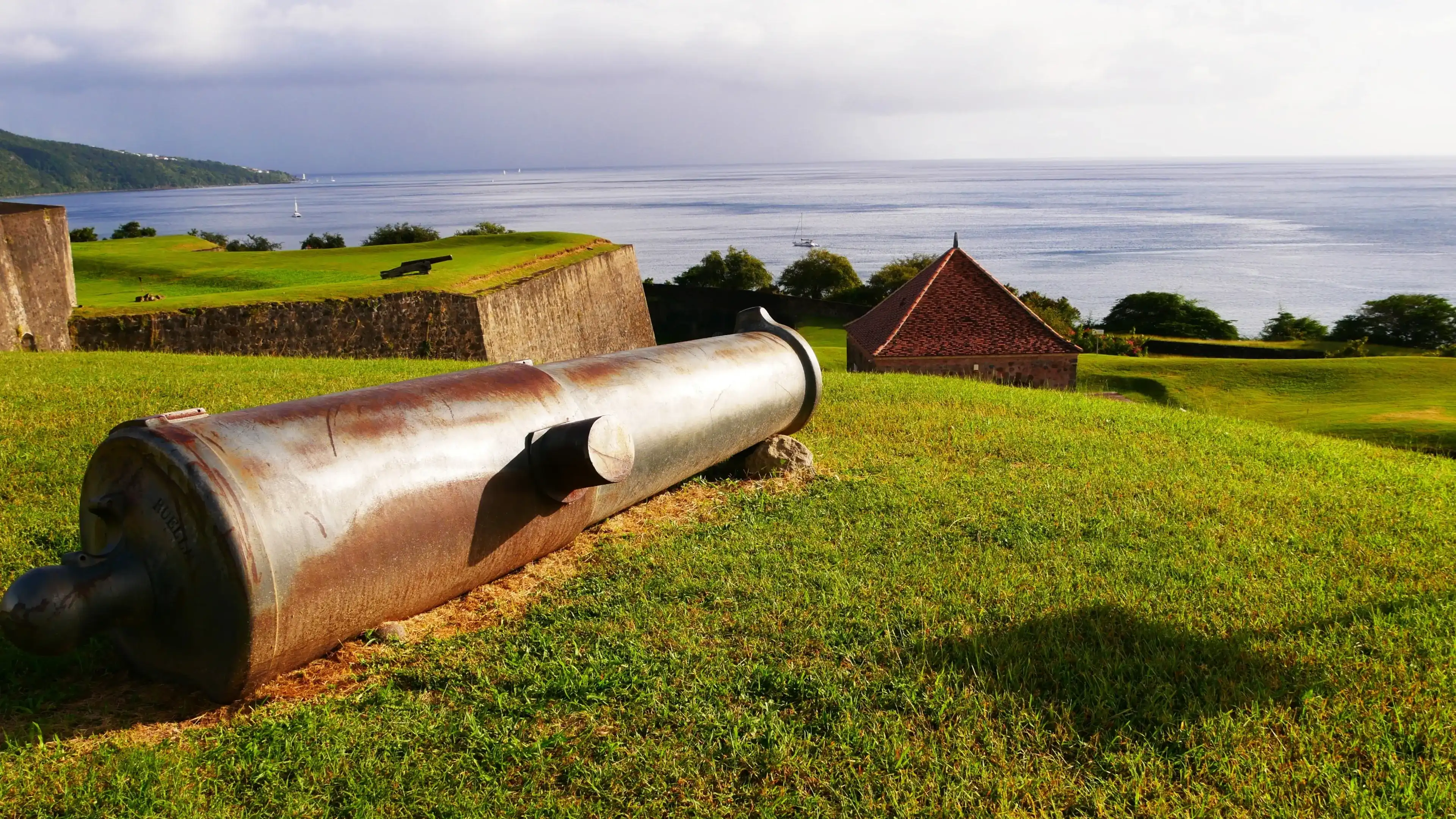 Basse-Terre, Guadeloupe, France - 02 09 2023 : Old cannon at fort Louis Delgrès, former Fort Saint Charles, in Basse-Terre in Guadeloupe in the French West Indies Basse-Terre, Guadeloupe, France - 02 09 2023 : Old cannon at fort Louis Delgrès, former Fort Saint Charles, in Basse-Terre in Guadeloupe in the French West Indies
