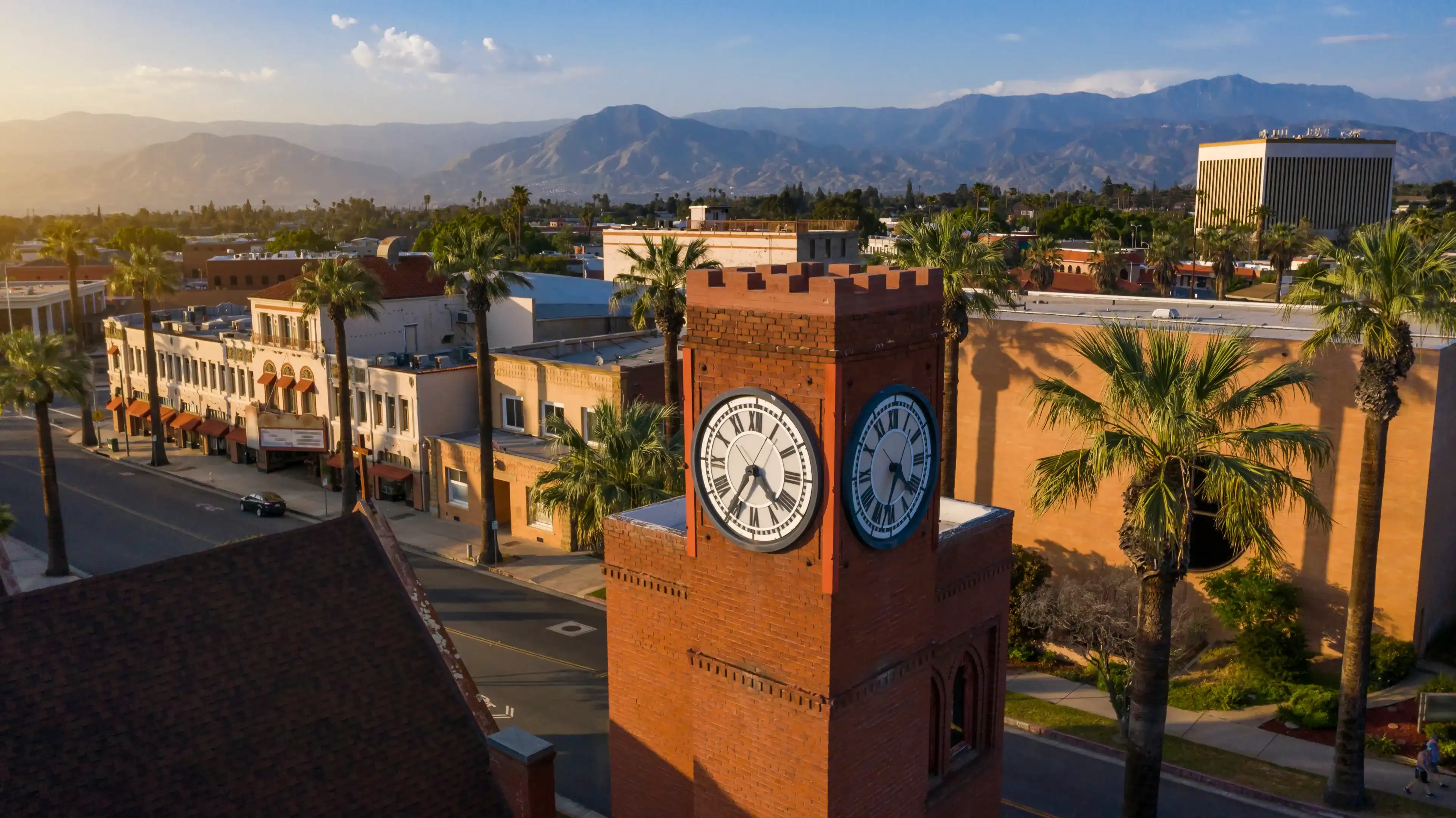 Aerial sunset view of the historic downtown area of Redlands, California. Aerial sunset view of the historic downtown area of Redlands, California.