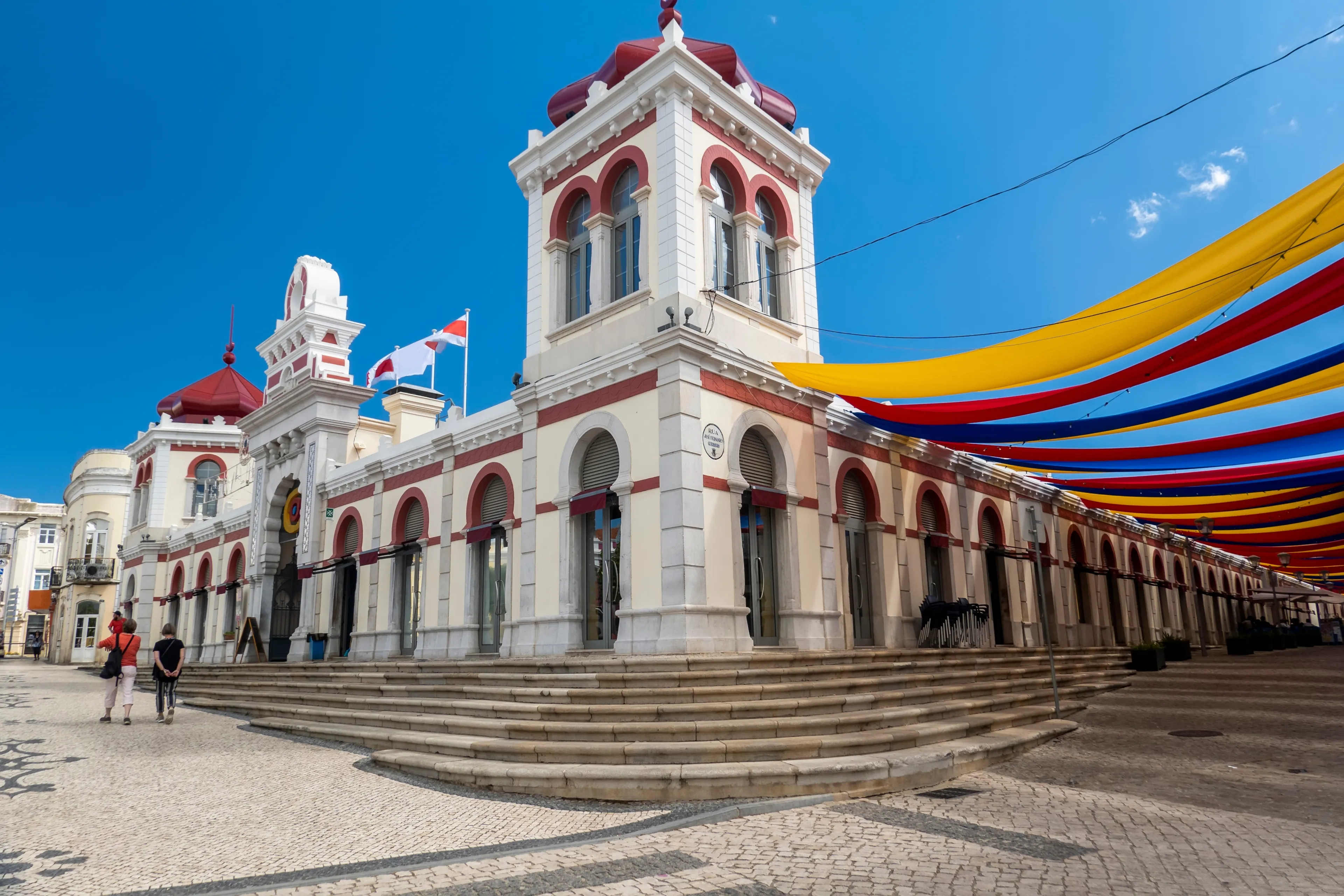 LOULE, PORTUGAL - 25th JUNE 2022: Protection cloth in the street for creating shade in the city of Loule, near the market, in the Algarve, Portugal.