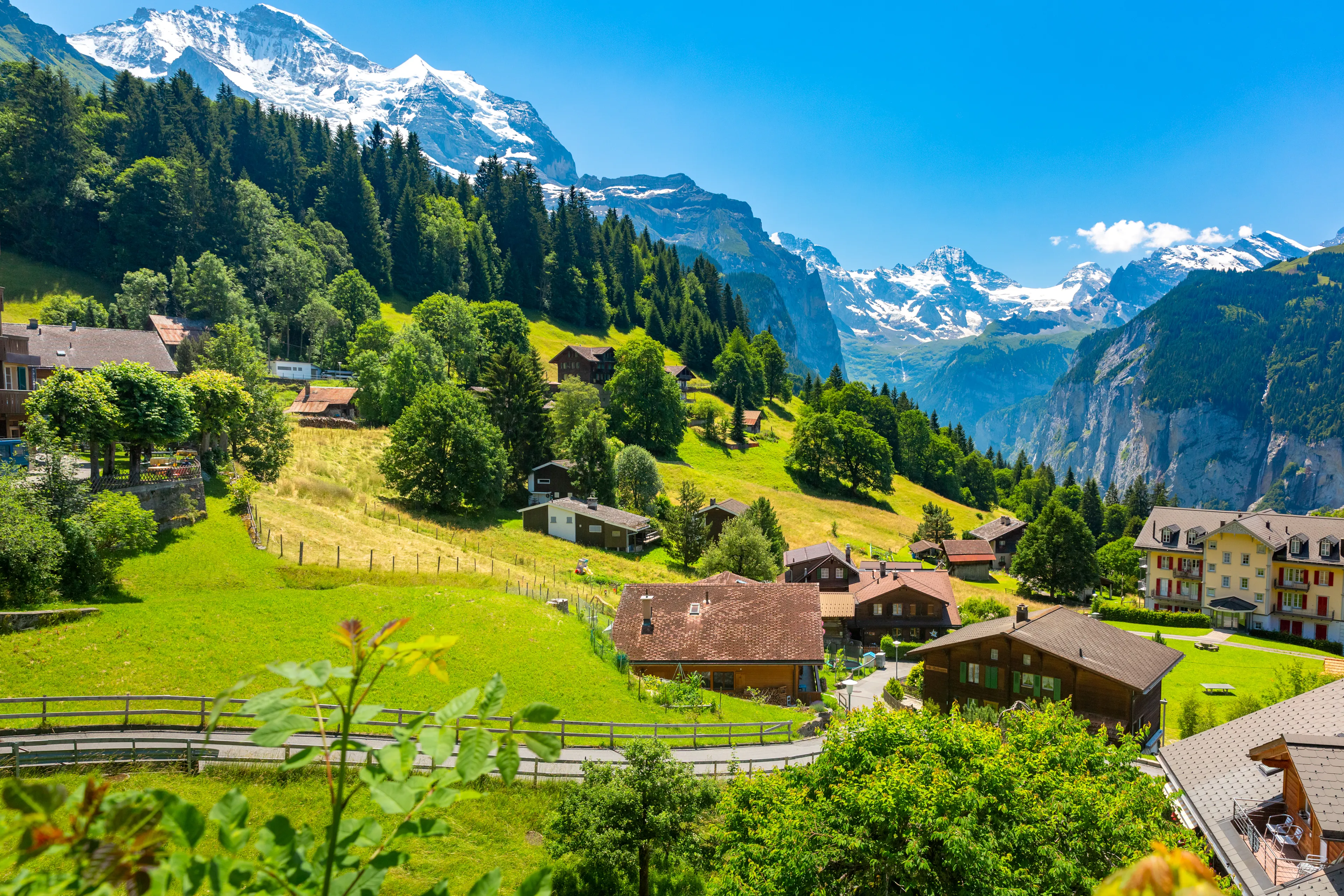 Wonderful mountain car-free village Wengen, Bernese Oberland, Switzerland. The Jungfrau is visible in the background