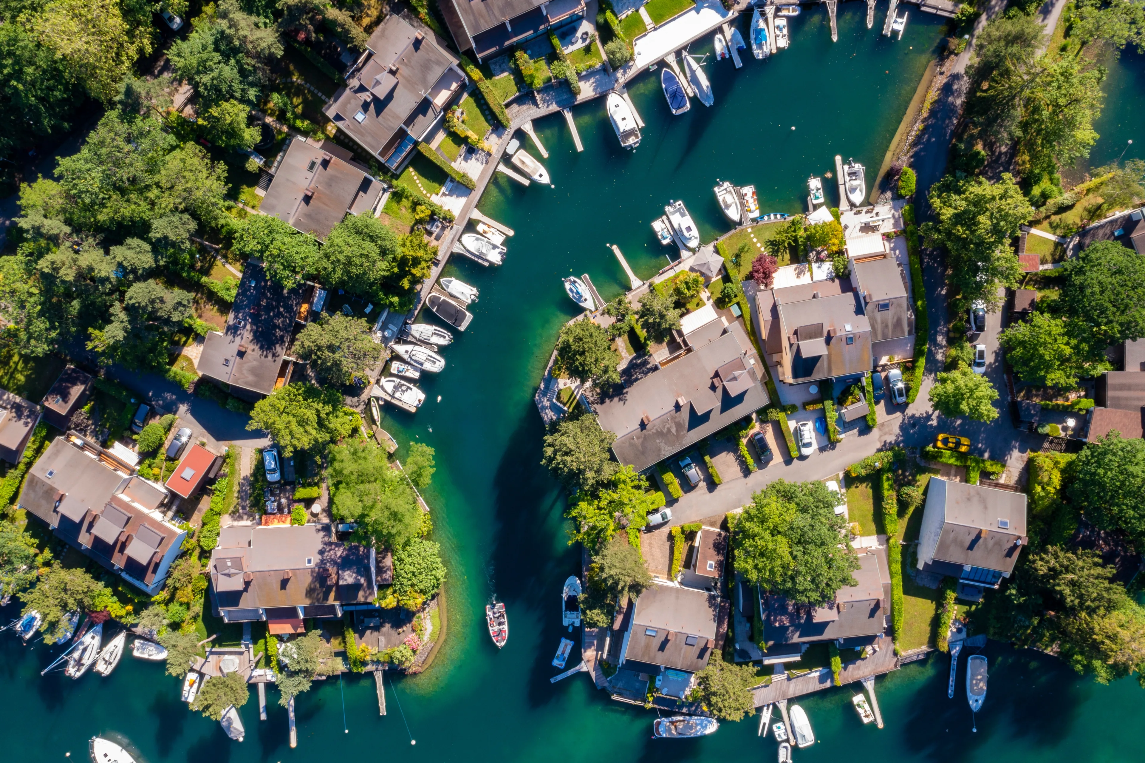 Aerial view of Ripaille neighbourhood (Thonon-Les-Bains) city in Haute-Savoie in France