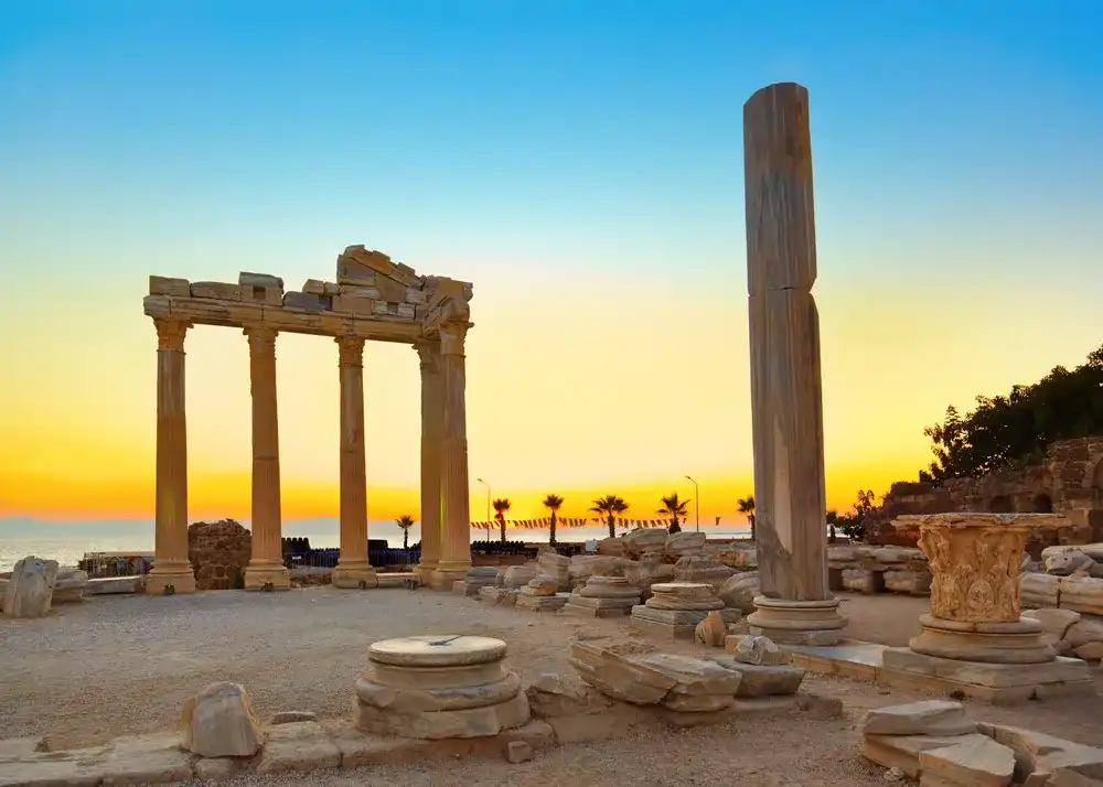 Old ruins in Side, Turkey at sunset - archeology background Old ruins in Side, Turkey at sunset - archeology background