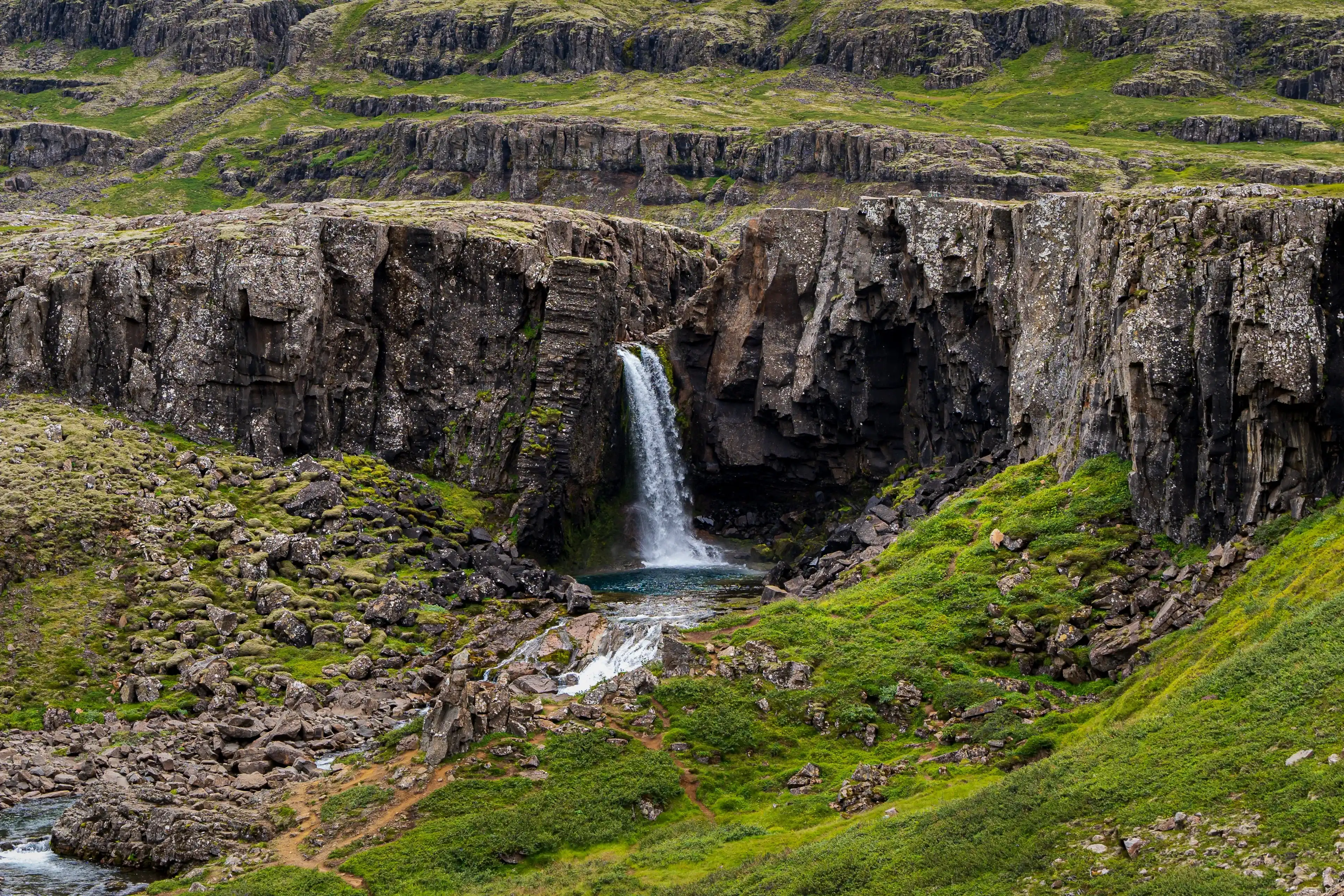 Beautiful aerial view of the magnificent Folaldafoss waterfall in the highlands of Iceland Beautiful aerial view of the magnificent Folaldafoss waterfall in the highlands of Iceland