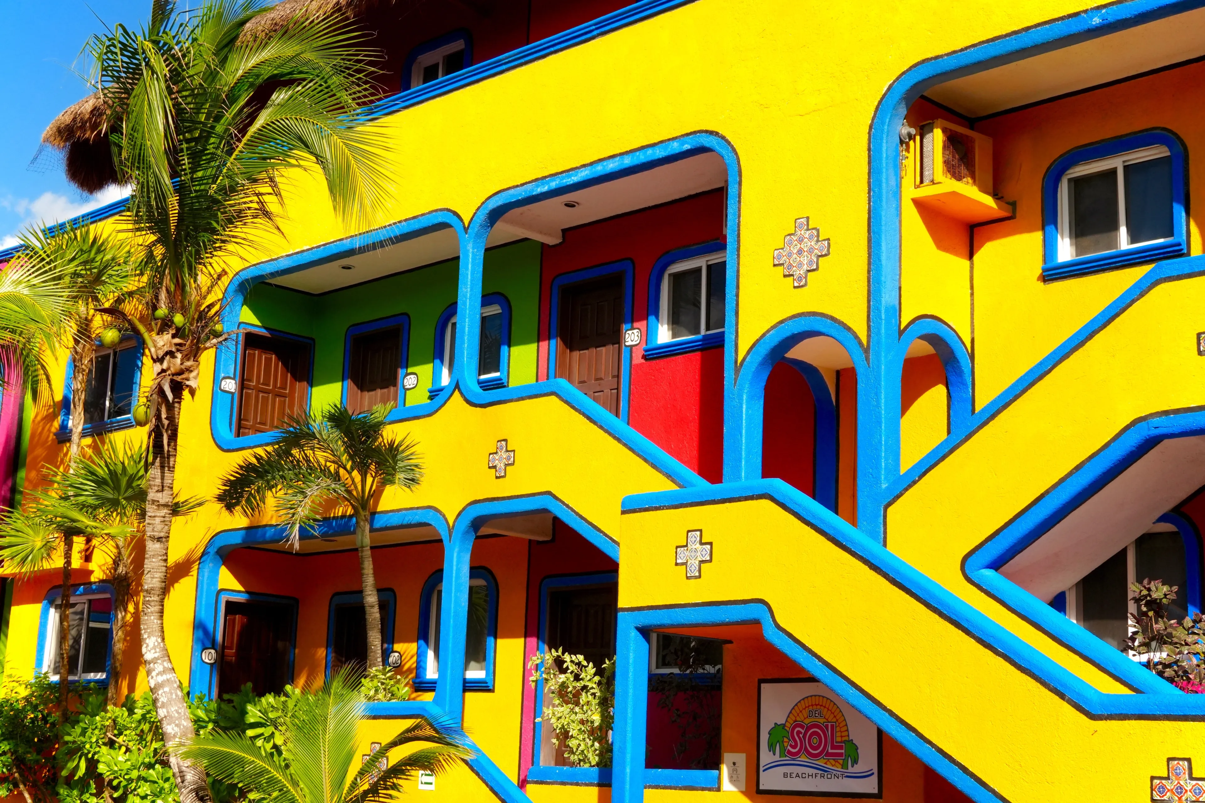 Akumal, Quintana Roo, Mexico - Jan. 4, 2025: The Riviera Maya beach resort town of Akumal is home to many multicolored beachfront buildings that have become popular local landmarks.