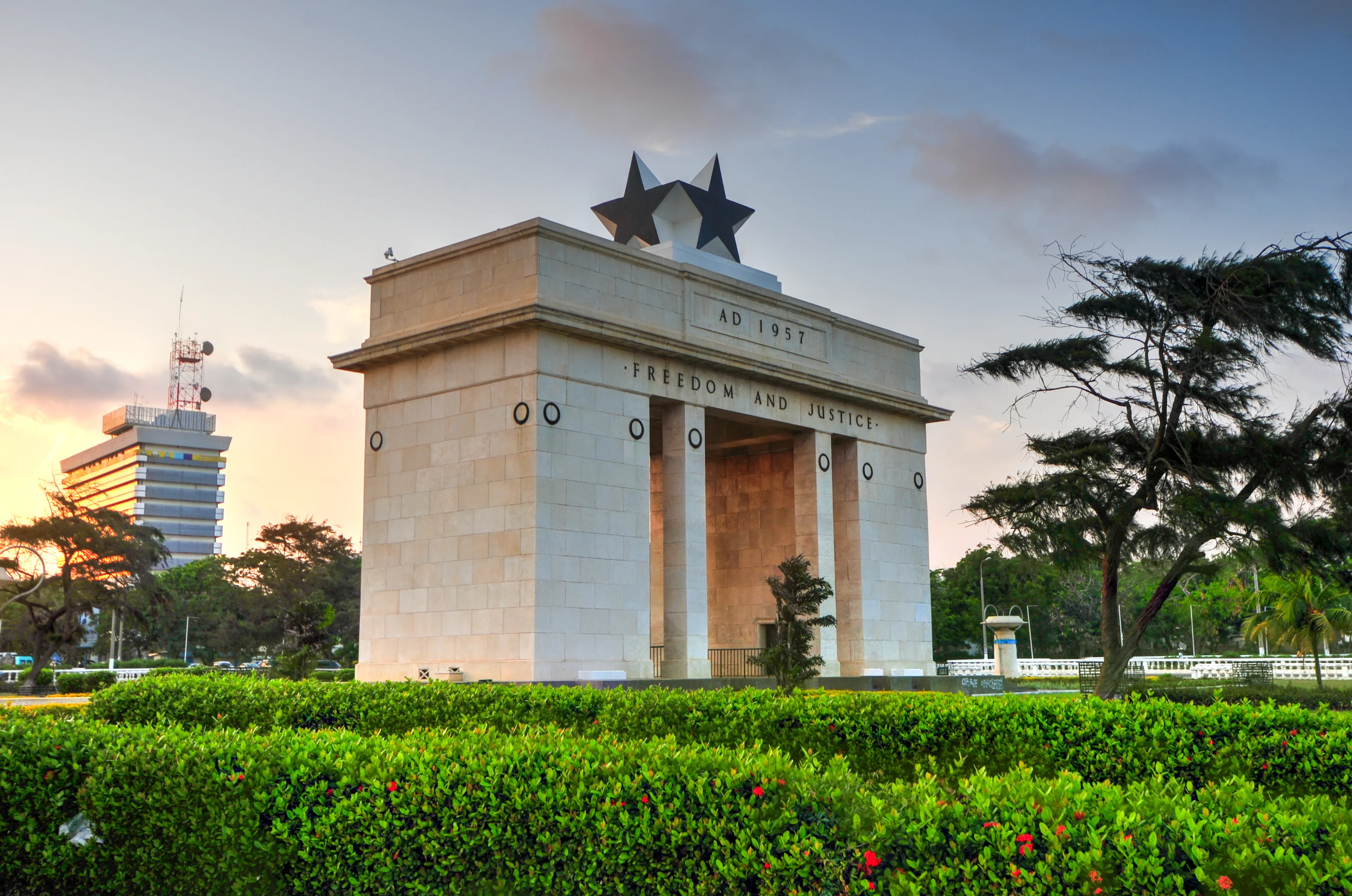 ACCRA, GHANA - NOVEMBER 14, 2011: The Independence Arch of Independence Square of Accra at sunset. Inscribed with the words "Freedom and Justice, AD 1957", commemorates the independence of Ghana.