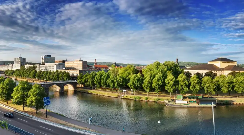Saarbrücken, Saarland, View of city center with old bridge an theater in panoramic format Saarbrücken, Saarland, View of city center with old bridge an theater in panoramic format