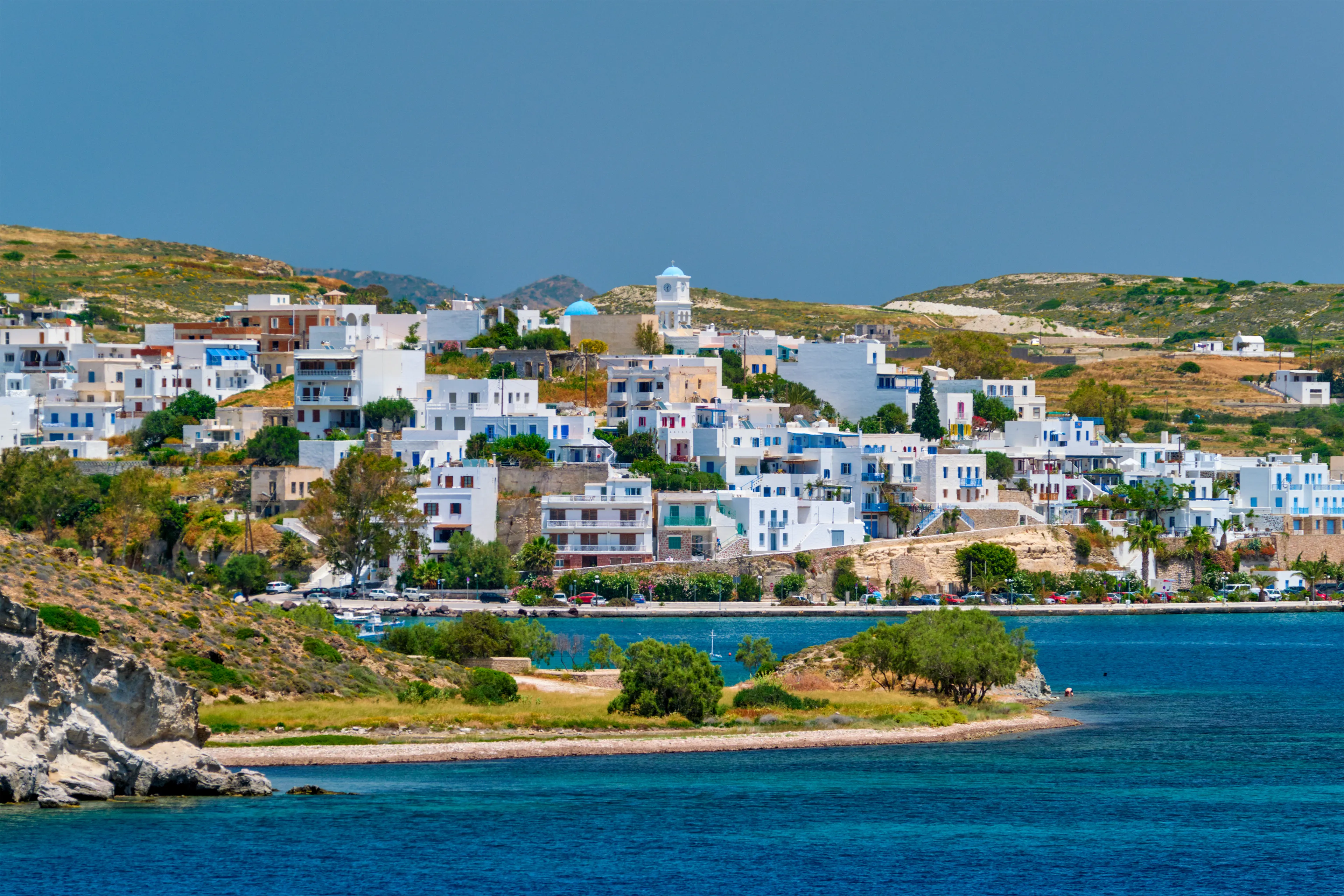 Adamantas Adamas harbor town of Milos island. Milos, Greece view from sea