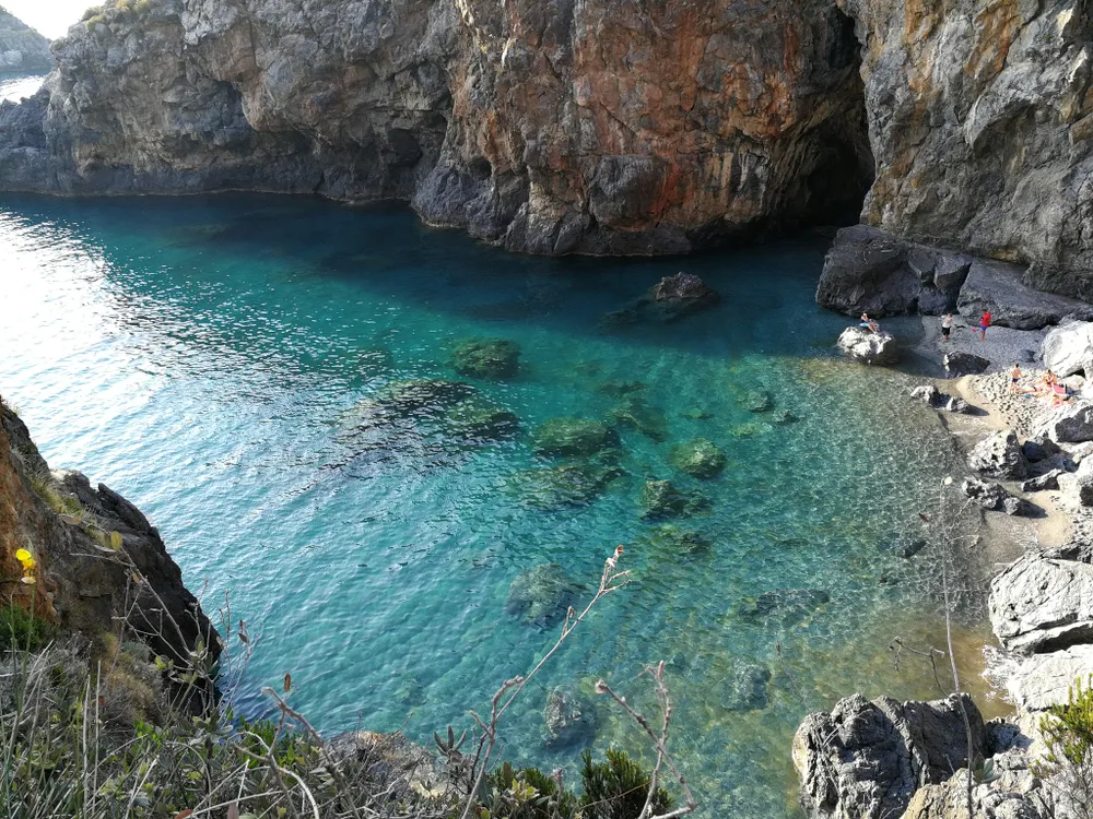 Praia a Mare, Cosenza, Calabria, Italy - June 3, 2017: Scenic view of the small beach near the Arcomagno