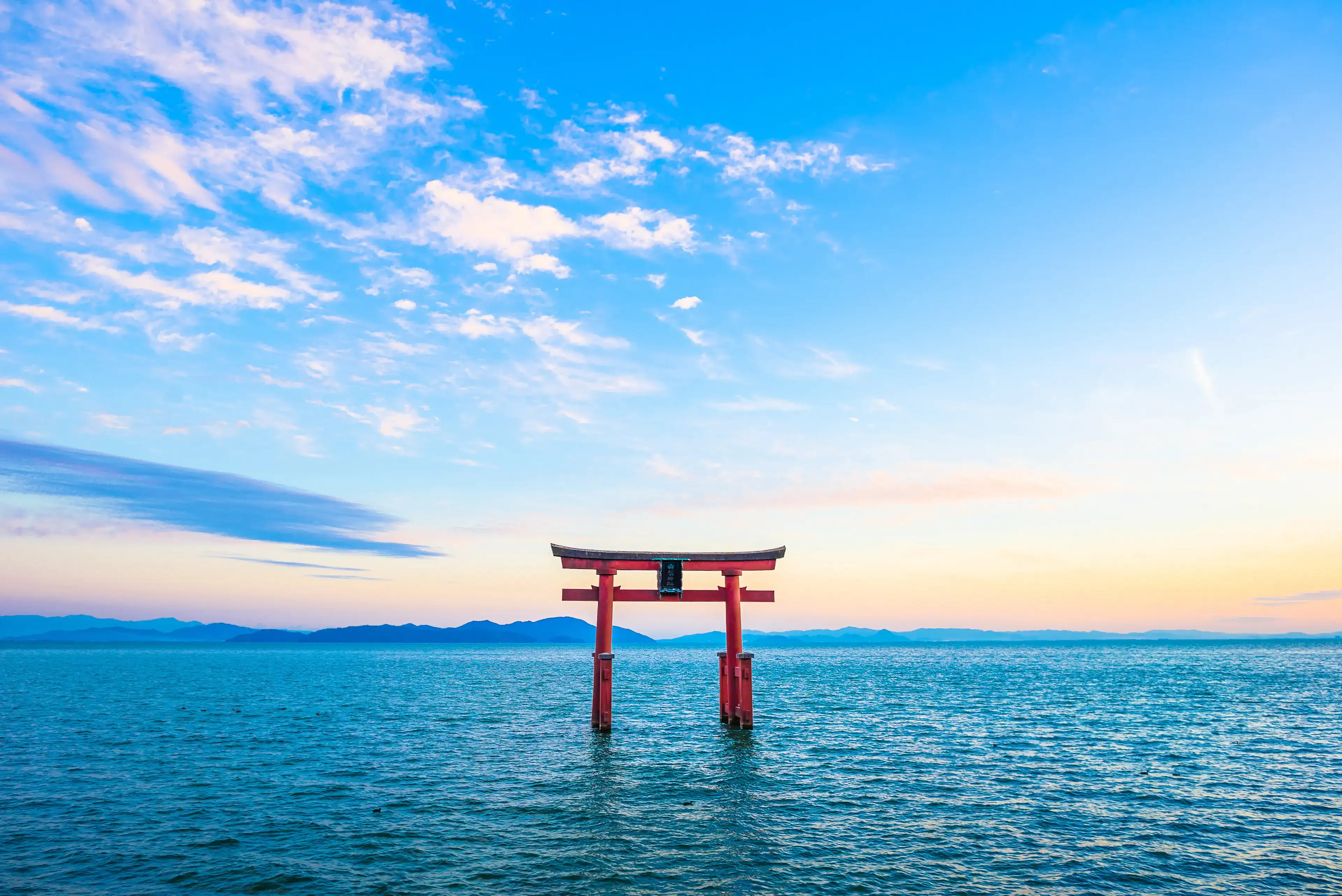 Torii and Lake Biwa, Shiga Prefecture in Japan Torii and Lake Biwa, Shiga Prefecture in Japan