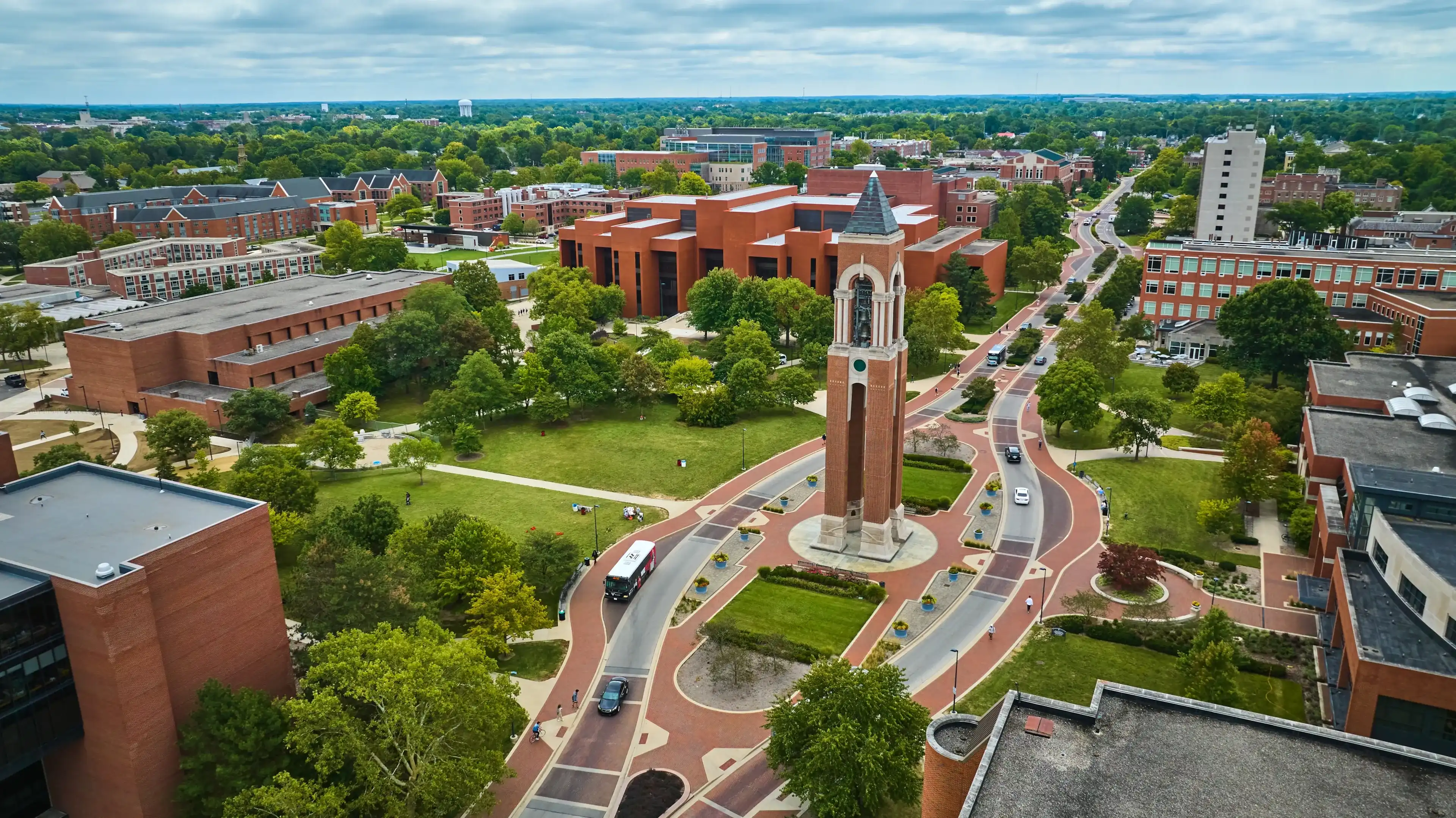Shafer Tower with road at Ball State University campus aerial summer day Muncie, Indiana Shafer Tower with road at Ball State University campus aerial summer day Muncie, Indiana