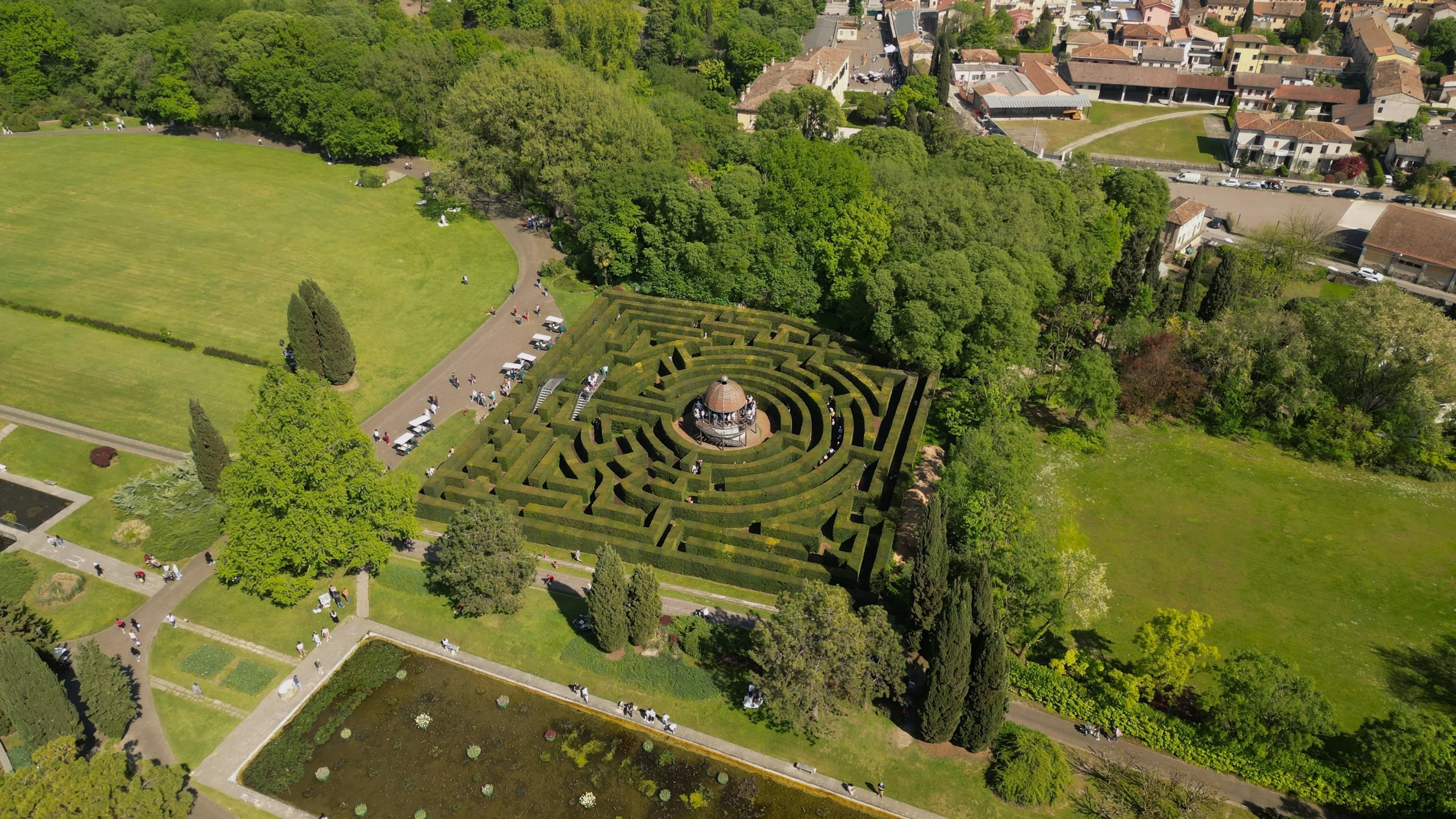 Aerial view labyrinth in the park Sigurta Garden Park. Valeggio sul Mincio, Italy